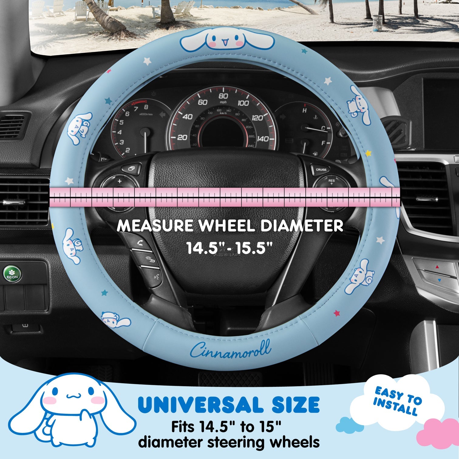 Cinnamoroll pink steering wheel cover installed on Honda Civic steering wheel