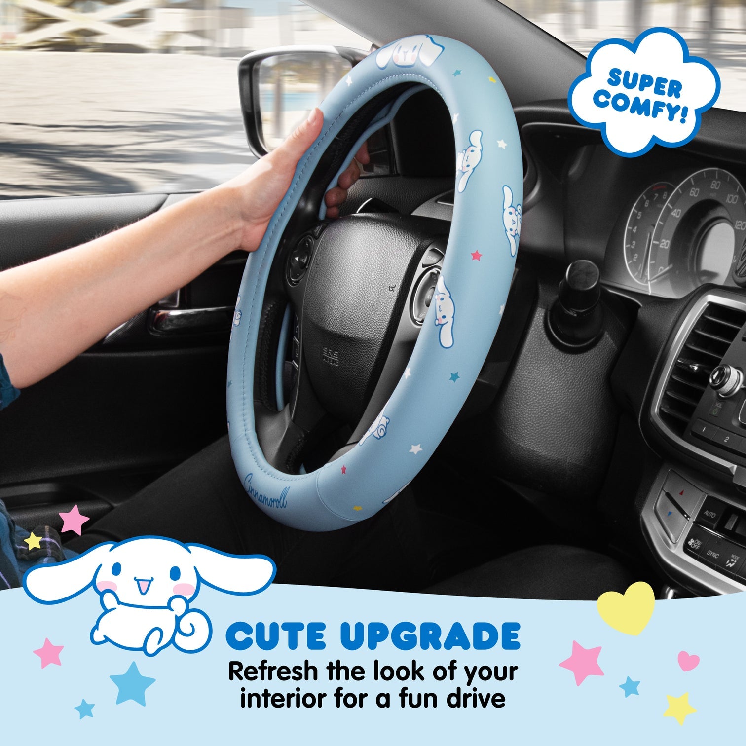 Cinnamoroll pink steering wheel cover installed on Honda Civic steering wheel