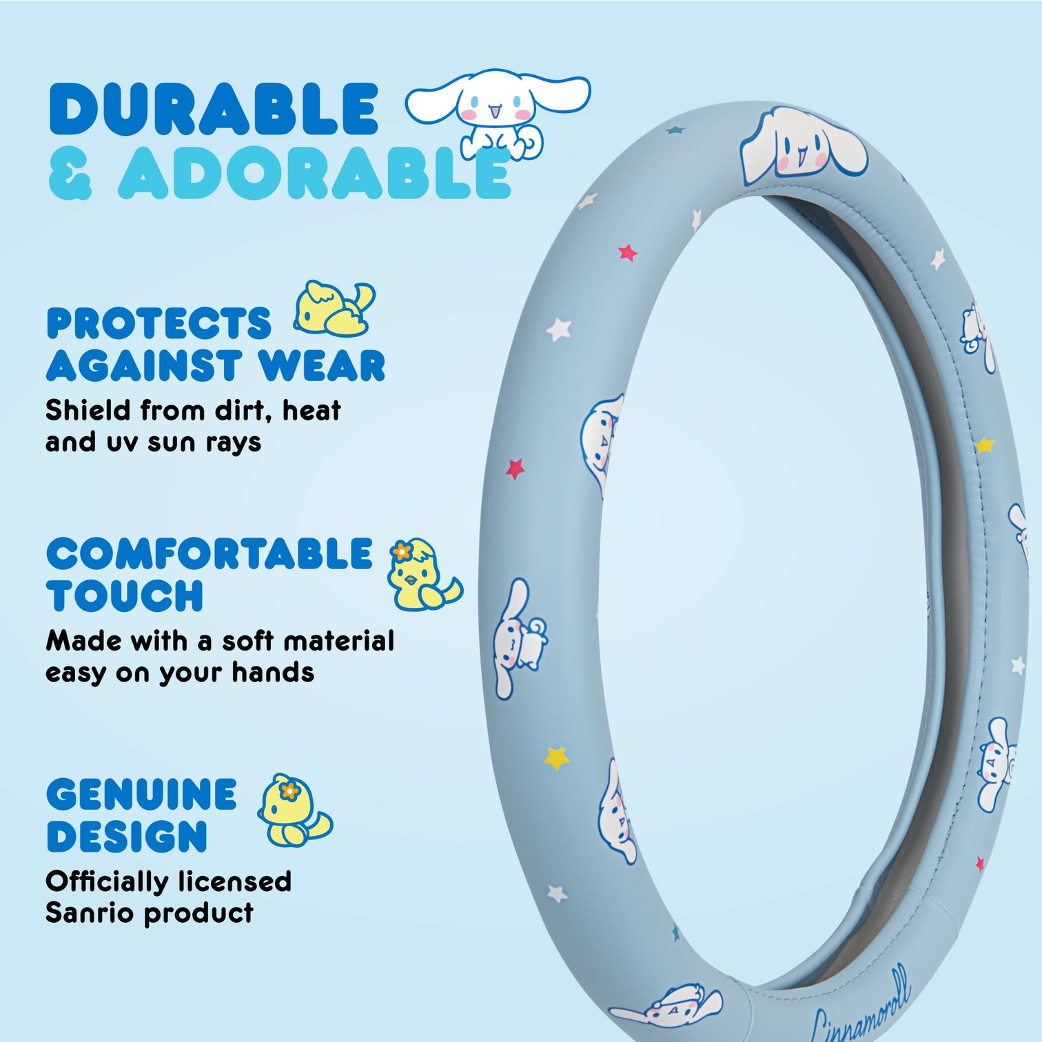 Cinnamoroll car accessories displayed with matching seatbelt pads