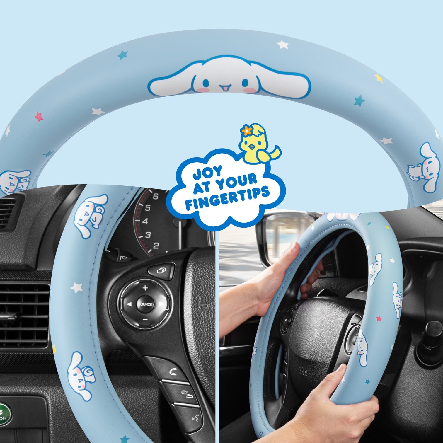 Cinnamoroll car accessories displayed with matching seatbelt pads