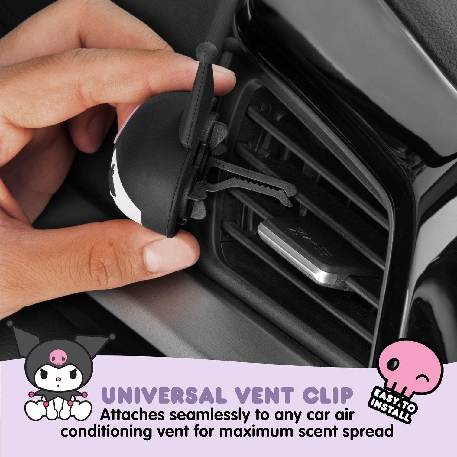 Kuromi Car Air Freshener Vent Clip in midnight lavender scent attached to a cars air vent