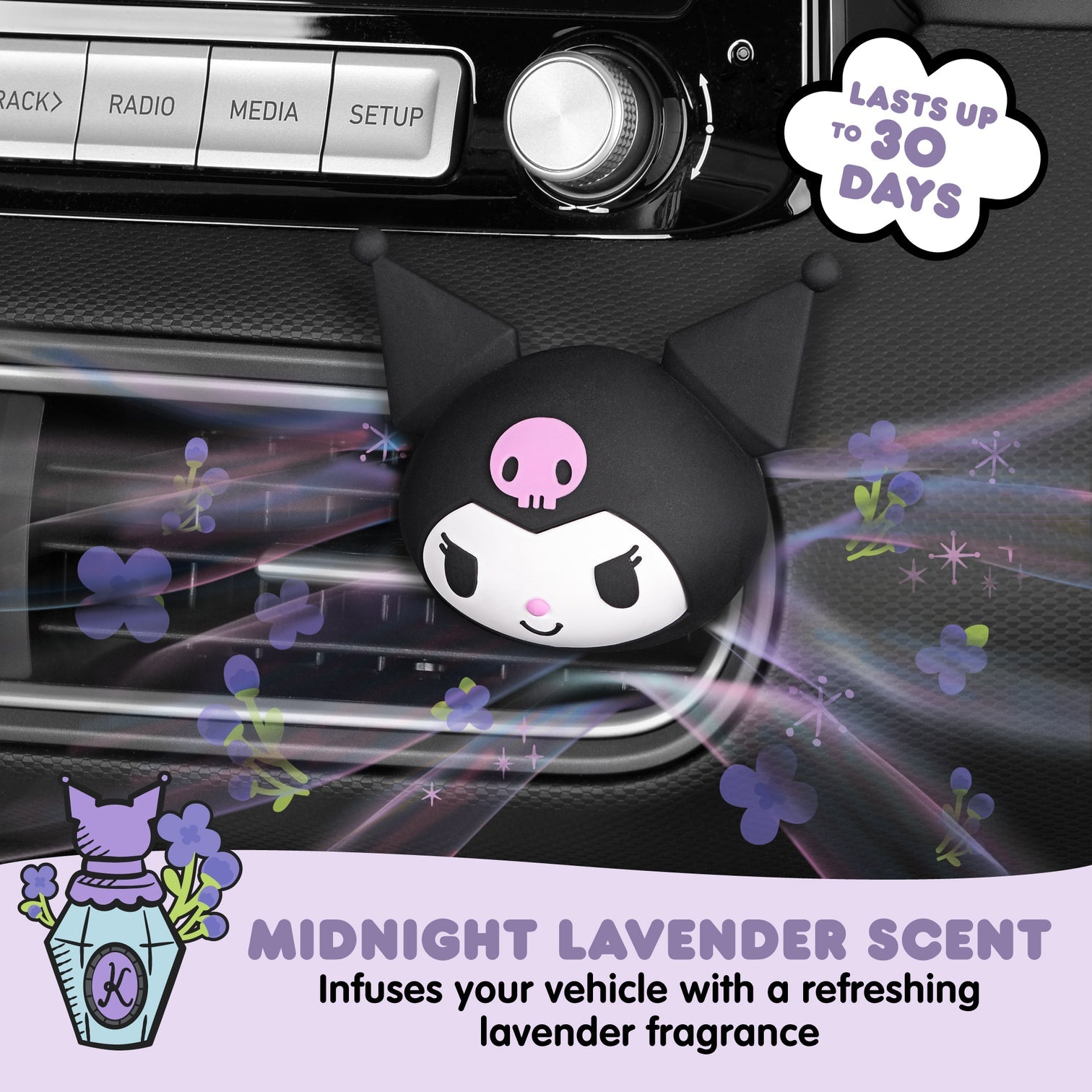 Kuromi Car Air Freshener packaging, highlighting the products features and scent options