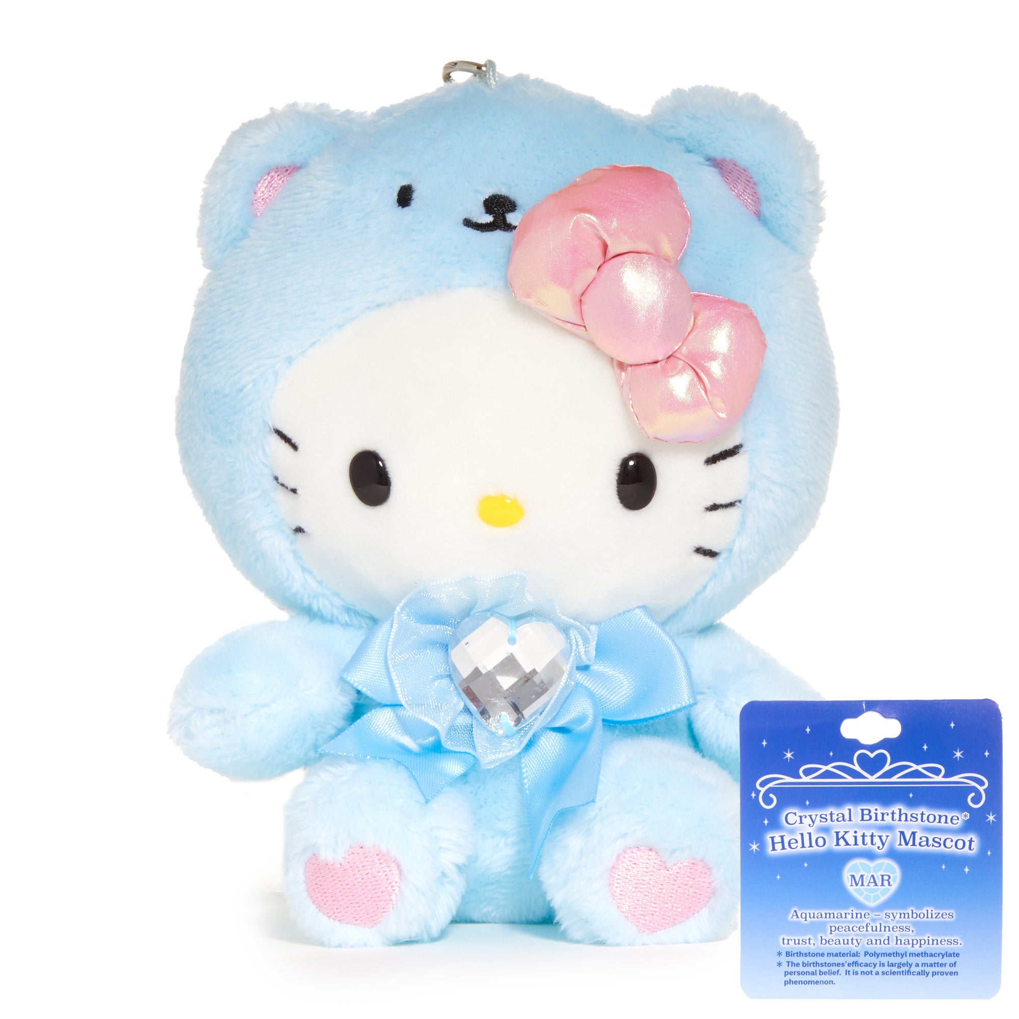 Hello Kitty aquamarine birthstone keychain on a carabiner clip, showcasing embroidered details.