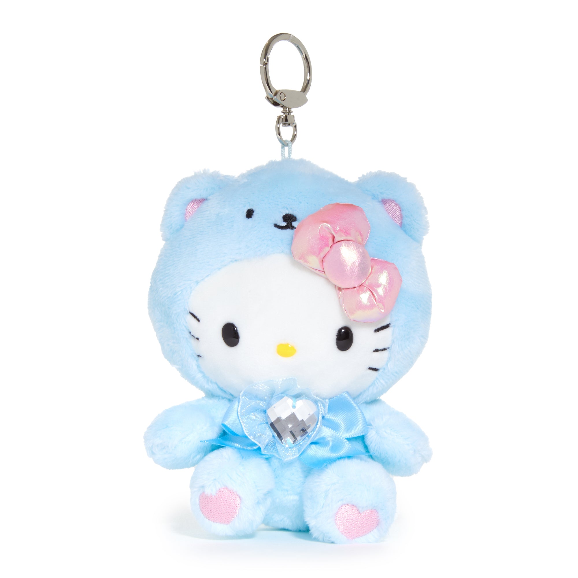 Close-up of the Hello Kitty keychain featuring embroidered details and aquamarine birthstone