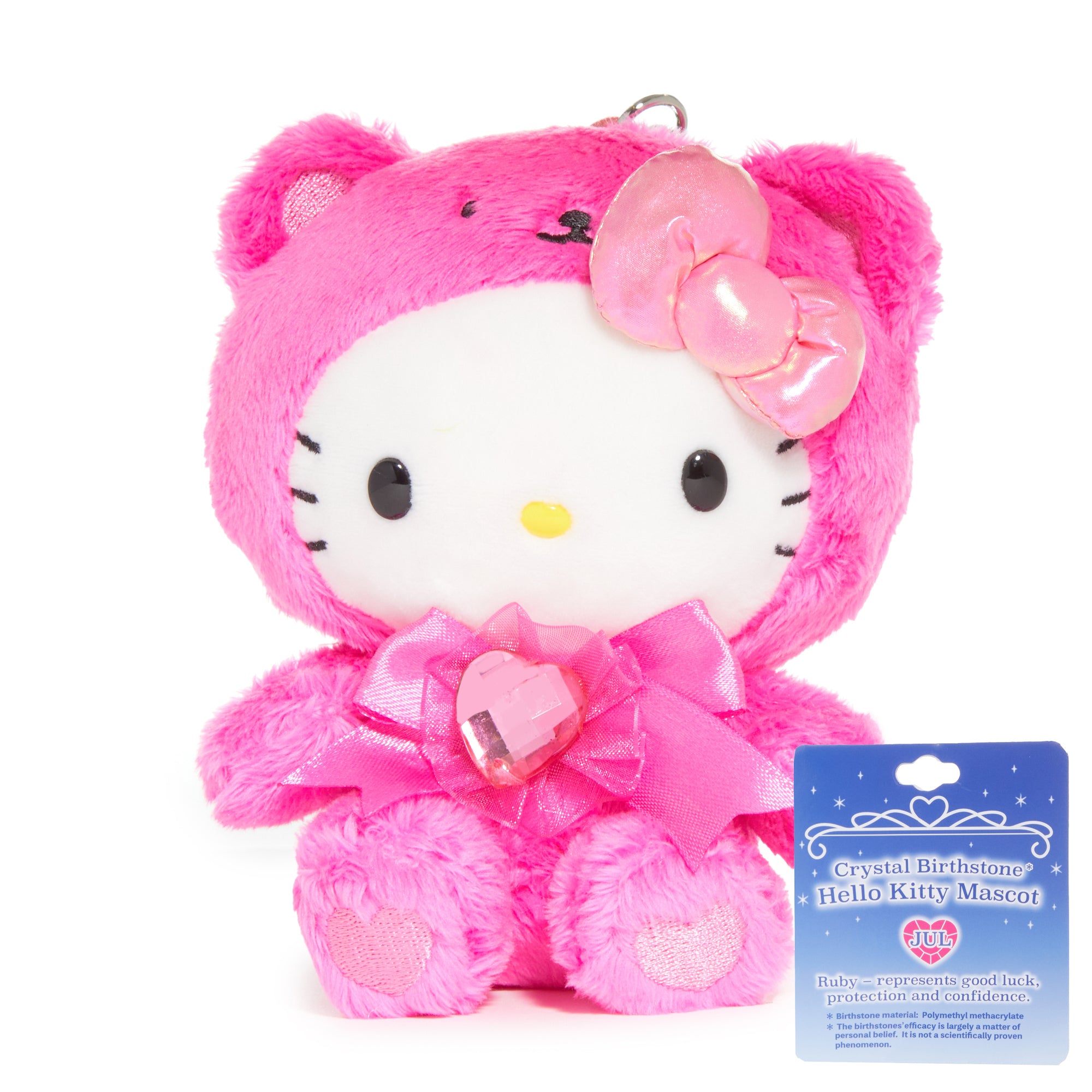 Close-up of Hello Kitty Ruby birthstone plush keychain with vibrant colors.