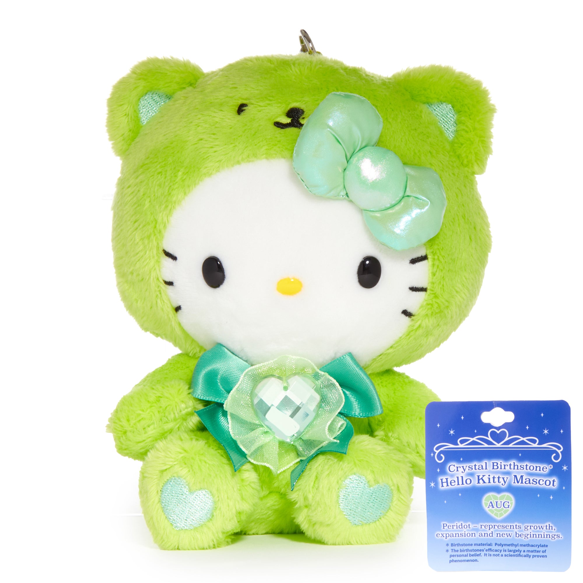Close-up of Hello Kitty plush keychain with Peridot birthstone