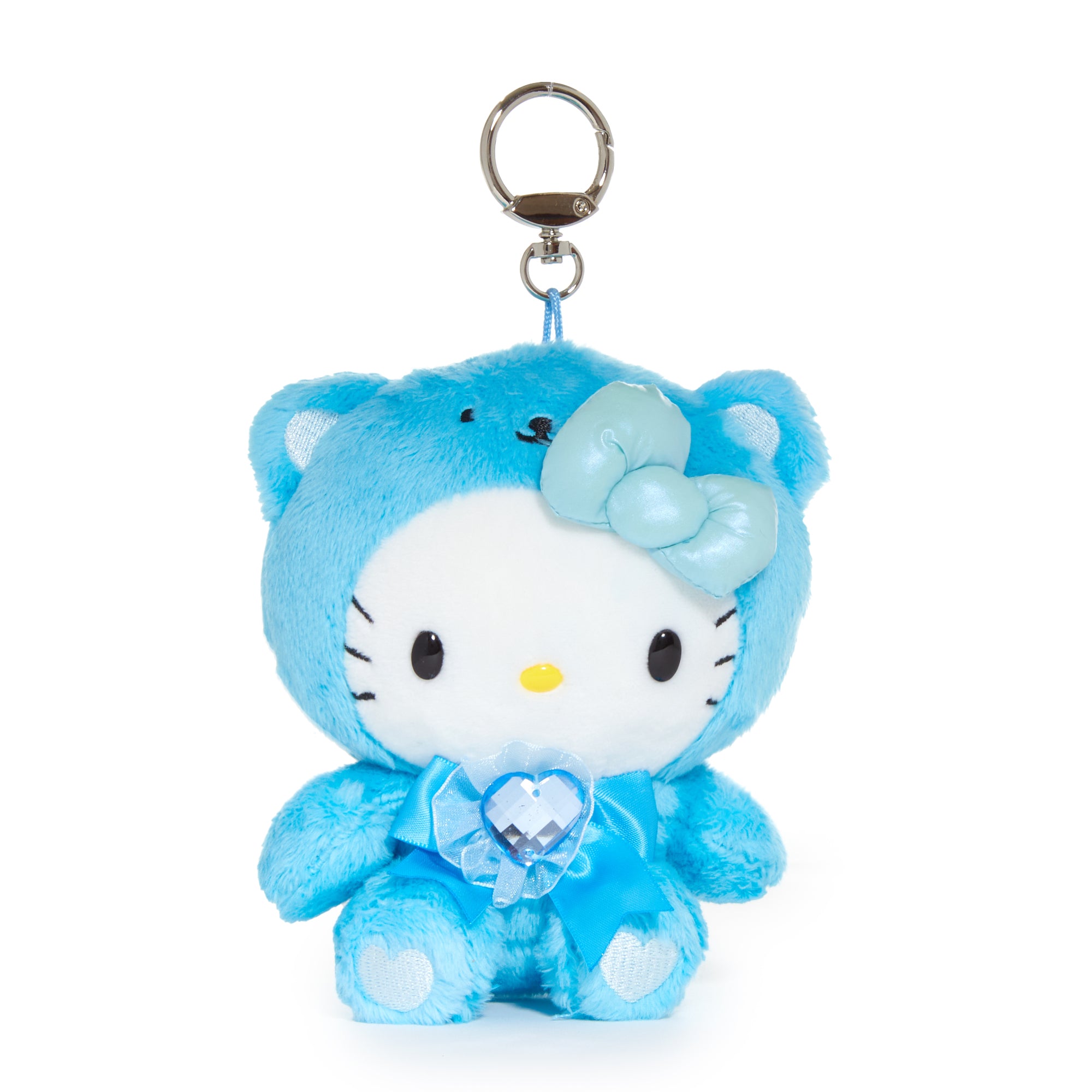 Close-up of Hello Kitty plush keychain with embroidered details