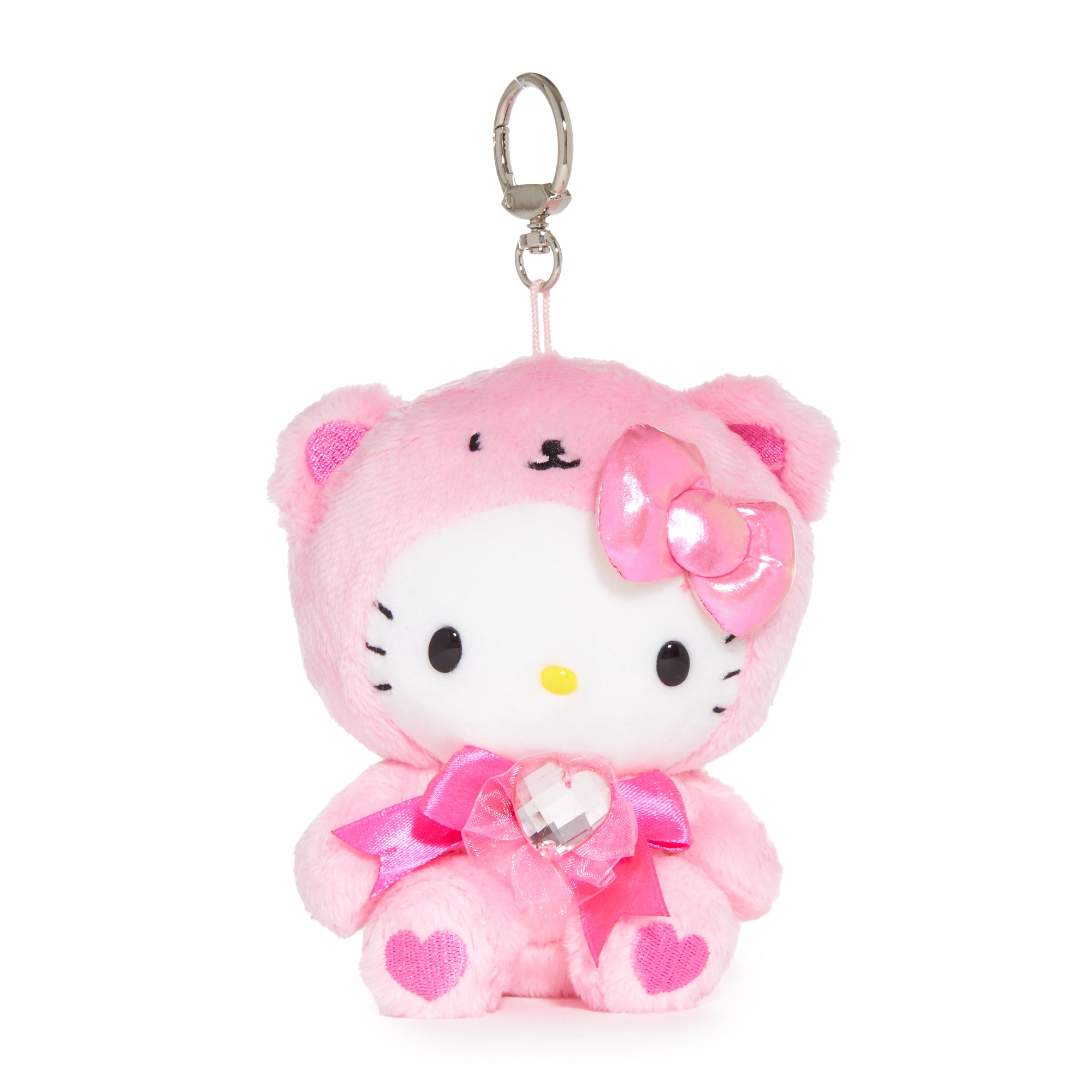 Close-up of Hello Kitty keychain with embroidered details and crystal accents