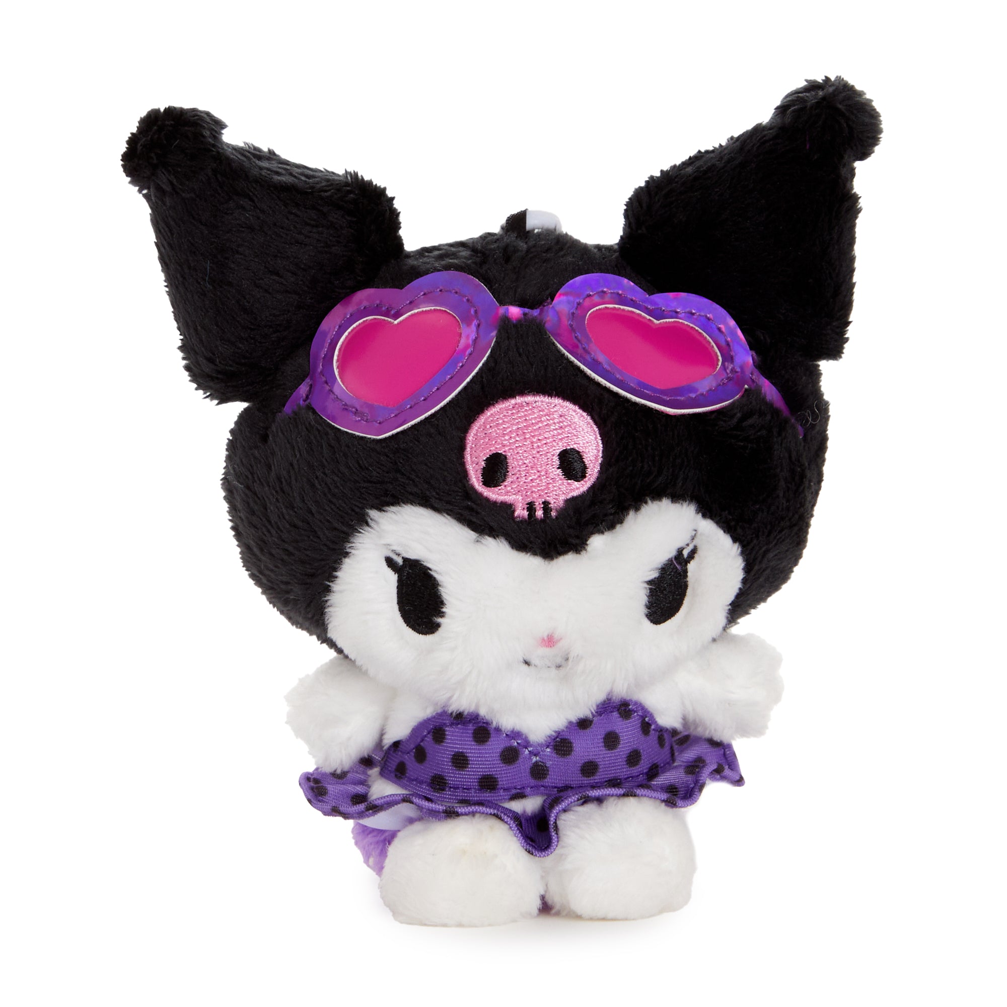 Kuromi plush charm clipped onto beach tote, great companion for pool days.