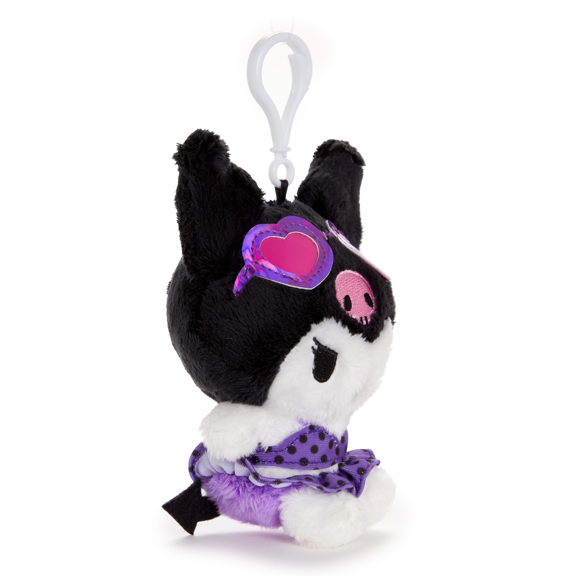 Close-up of kuromi plush toy sunglasses and embroidered details for a playful look.