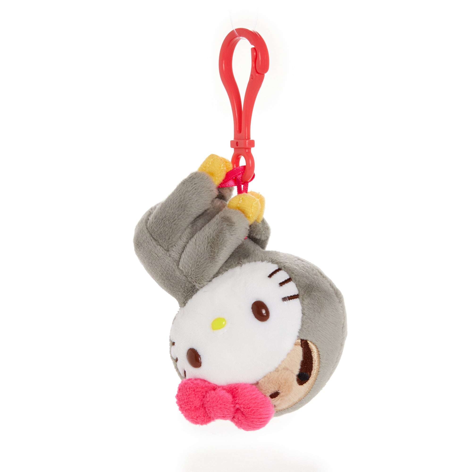Hello Kitty plush mascot clip in sloth costume attached to a tote bag, perfect for tropical-themed accessories