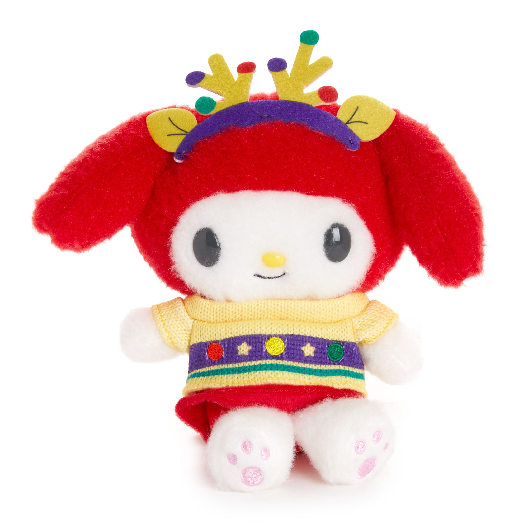 My Melody Sanrio plush toy in a holiday sweater with wreath and reindeer antler patterns, front view