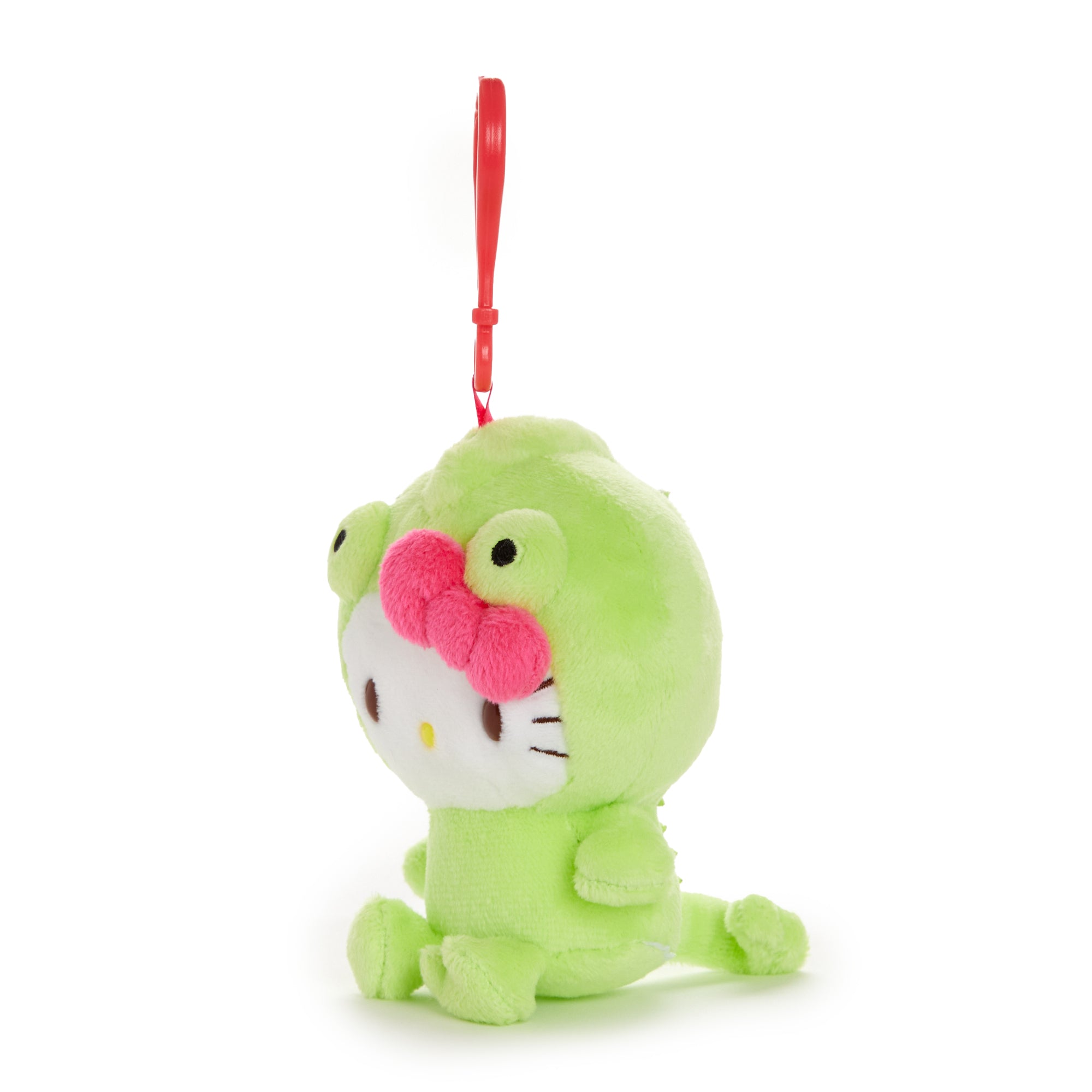 Close-up of big Hello Kitty plush in chameleon outfit.