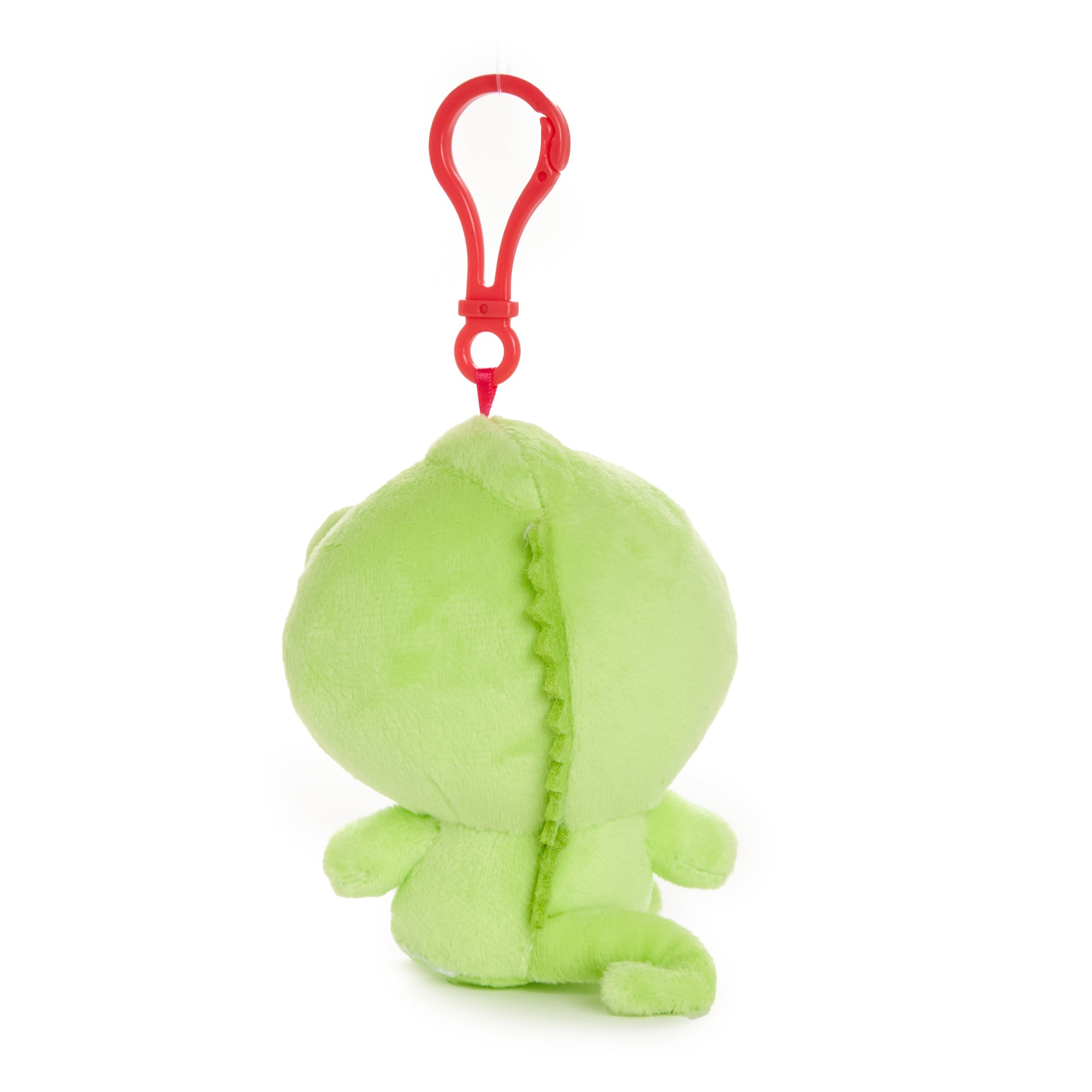 Close-up of big Hello Kitty plush in chameleon outfit.