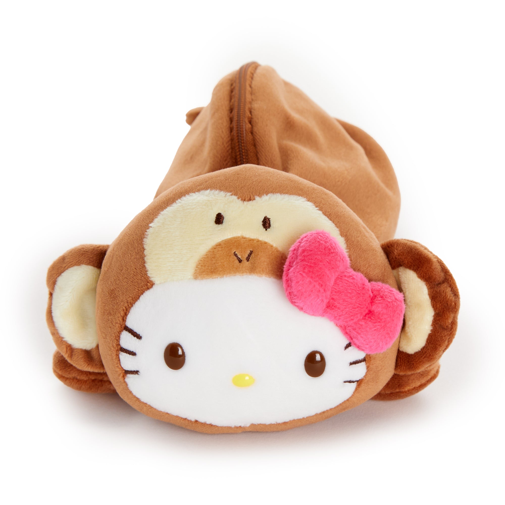 Front view of the Hello Kitty tropical monkey pouch on a woven bamboo mat