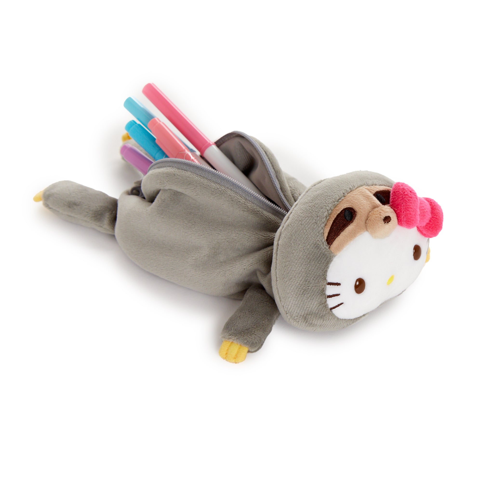 Front view of the plush Hello Kitty sloth pouch, ideal for travel or daily use