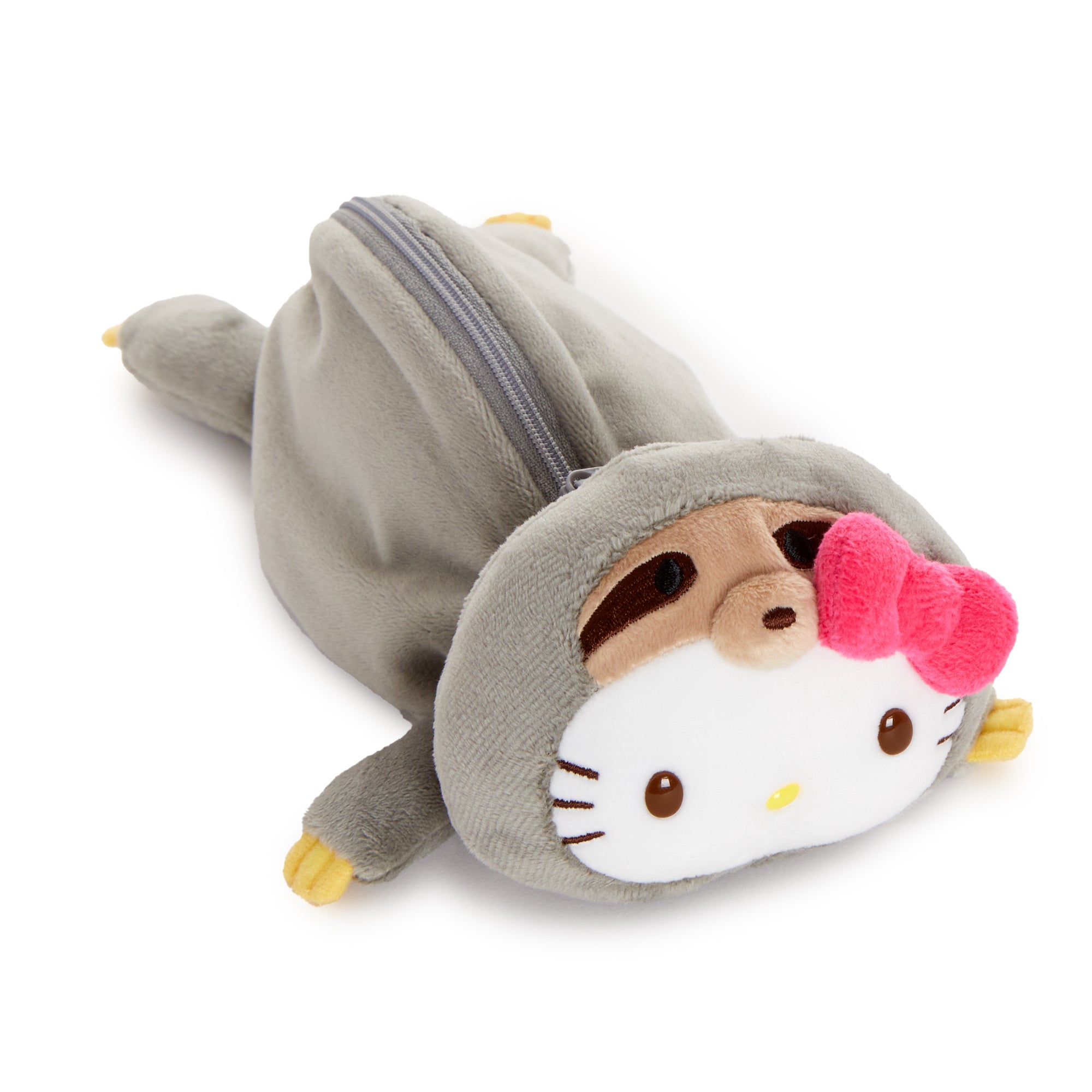 Front view of the plush Hello Kitty sloth pouch, ideal for travel or daily use