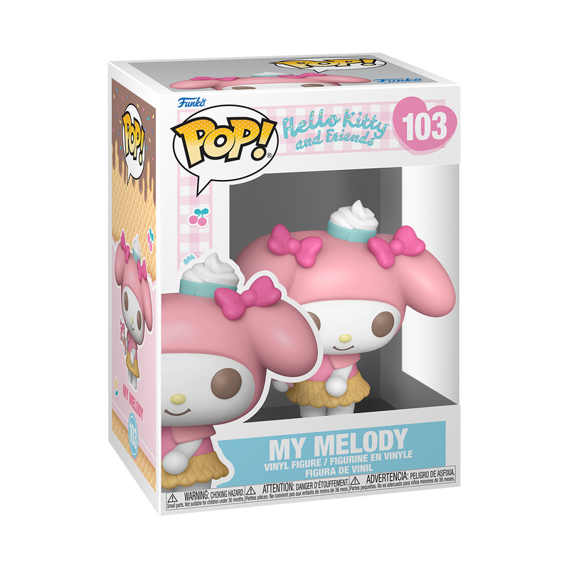My Melody Funko Pop displayed on a shelf among other collectibles.
