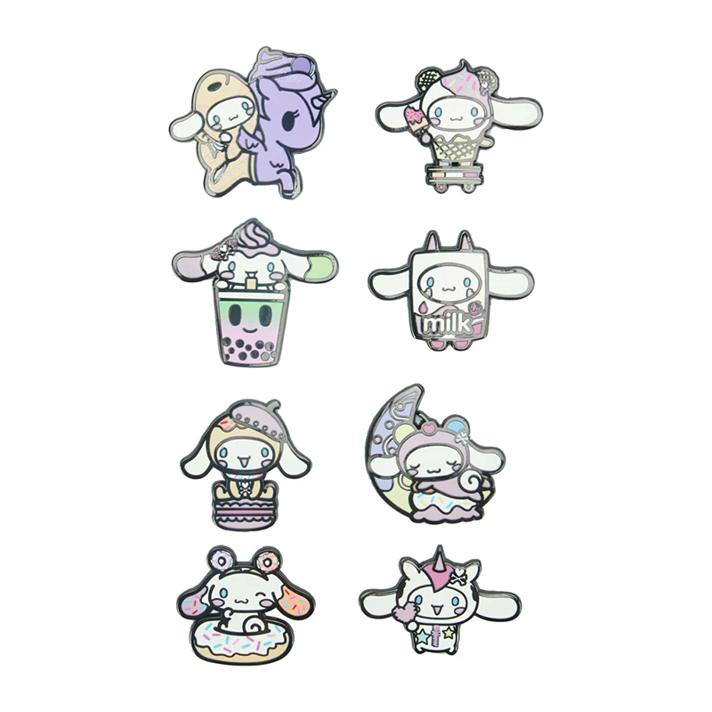 Close-up of Cinnamoroll x Tokidoki blind box pin in strawberry milk design