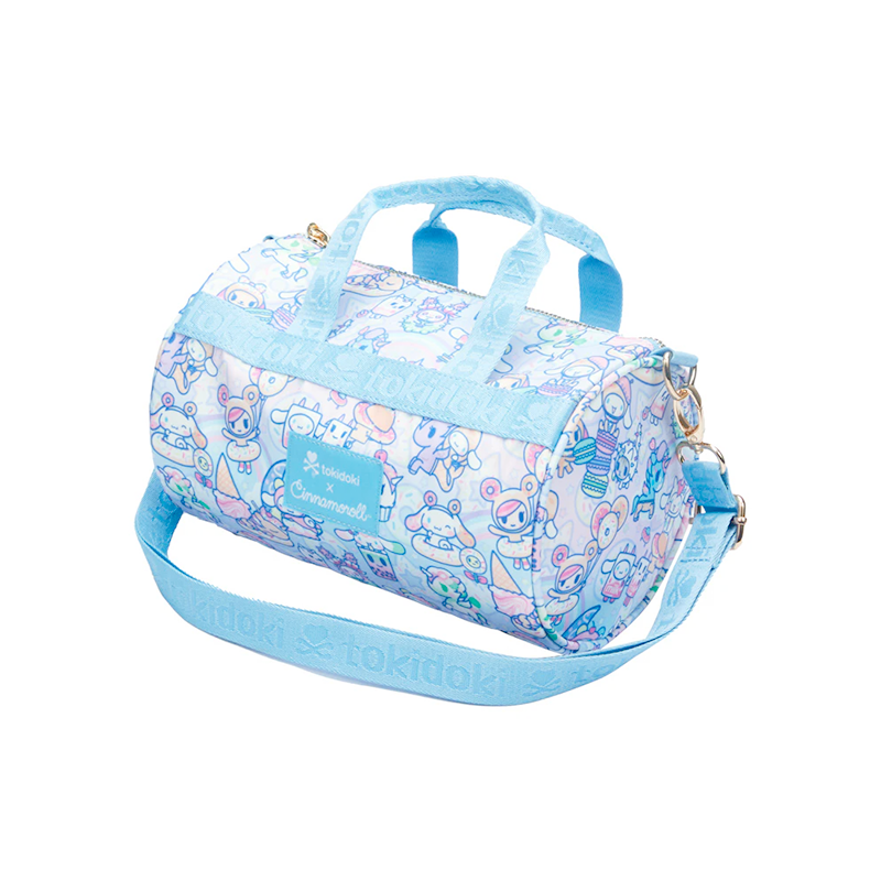Cinnamoroll x Tokidoki mini duffle bag with blue tokidoki x Cinnamoroll logo woven label