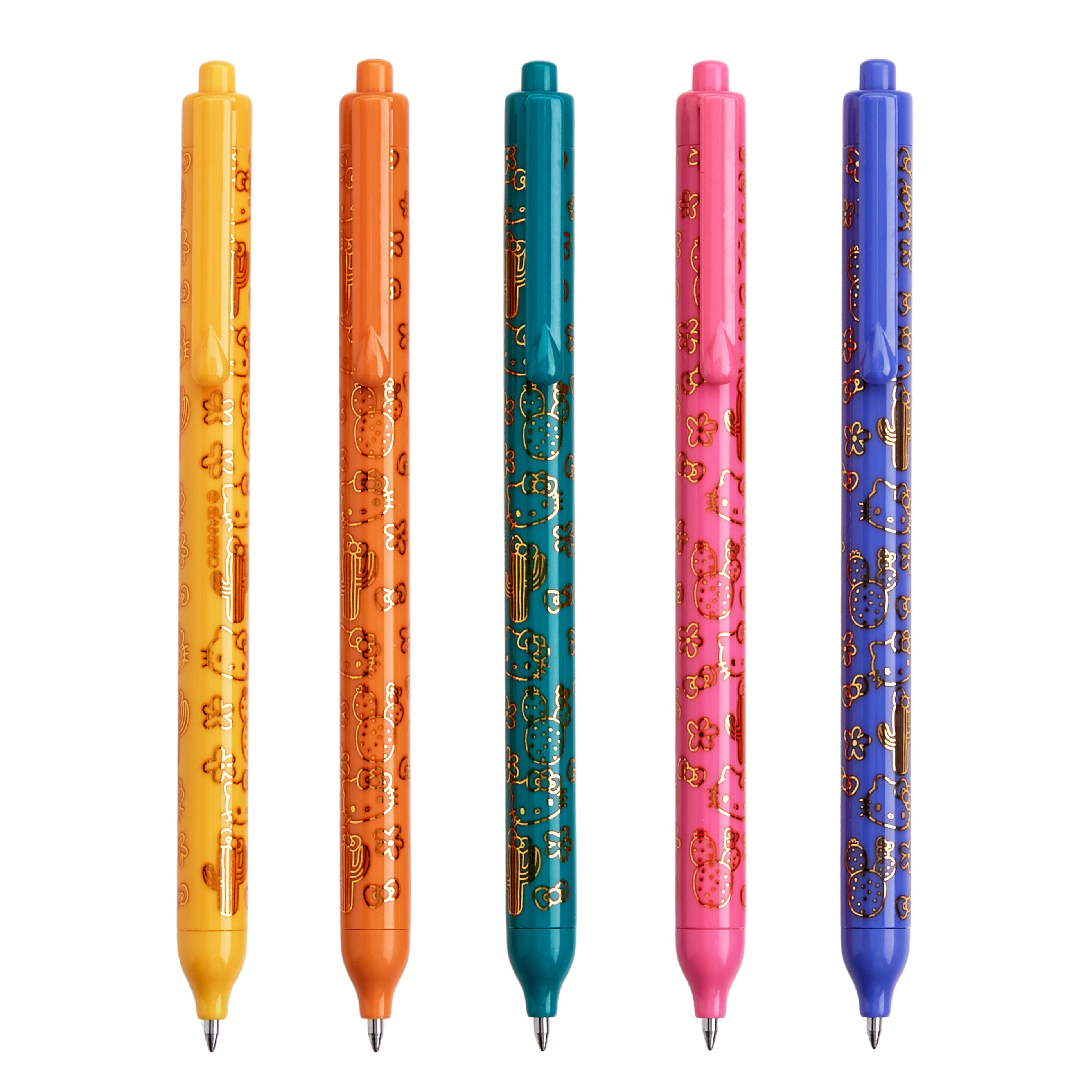 Set of five colorful metallic gel pens with fun character designs