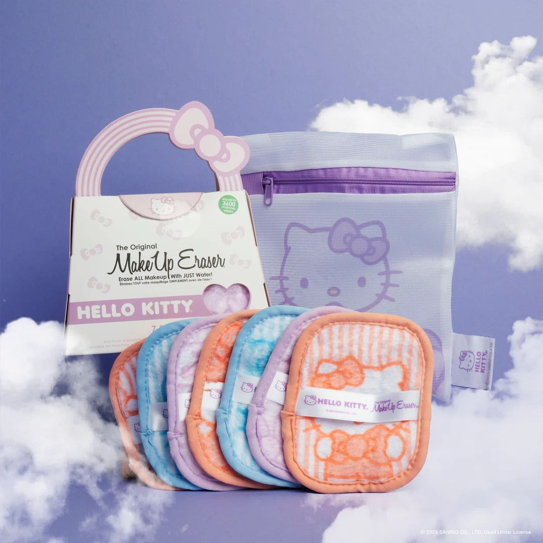 Full 7-day set of reusable makeup cloths laid out on a vanity