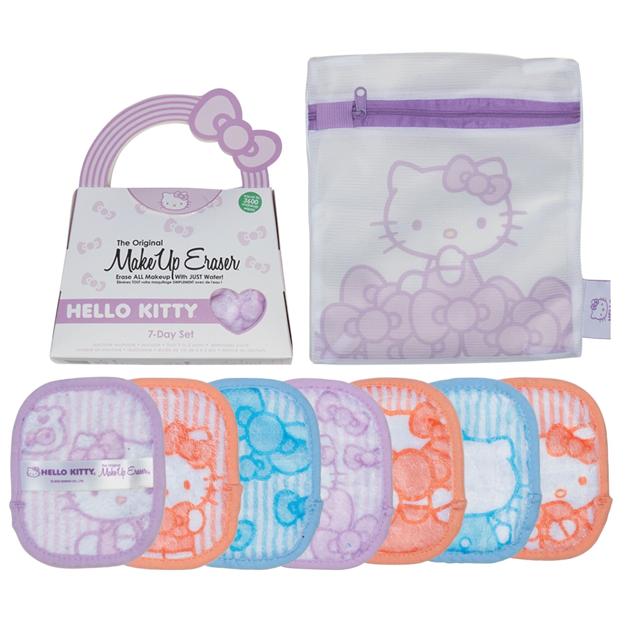 Hello Kitty pastel reusable makeup eraser cloth showing dual sides for makeup removal and exfoliation