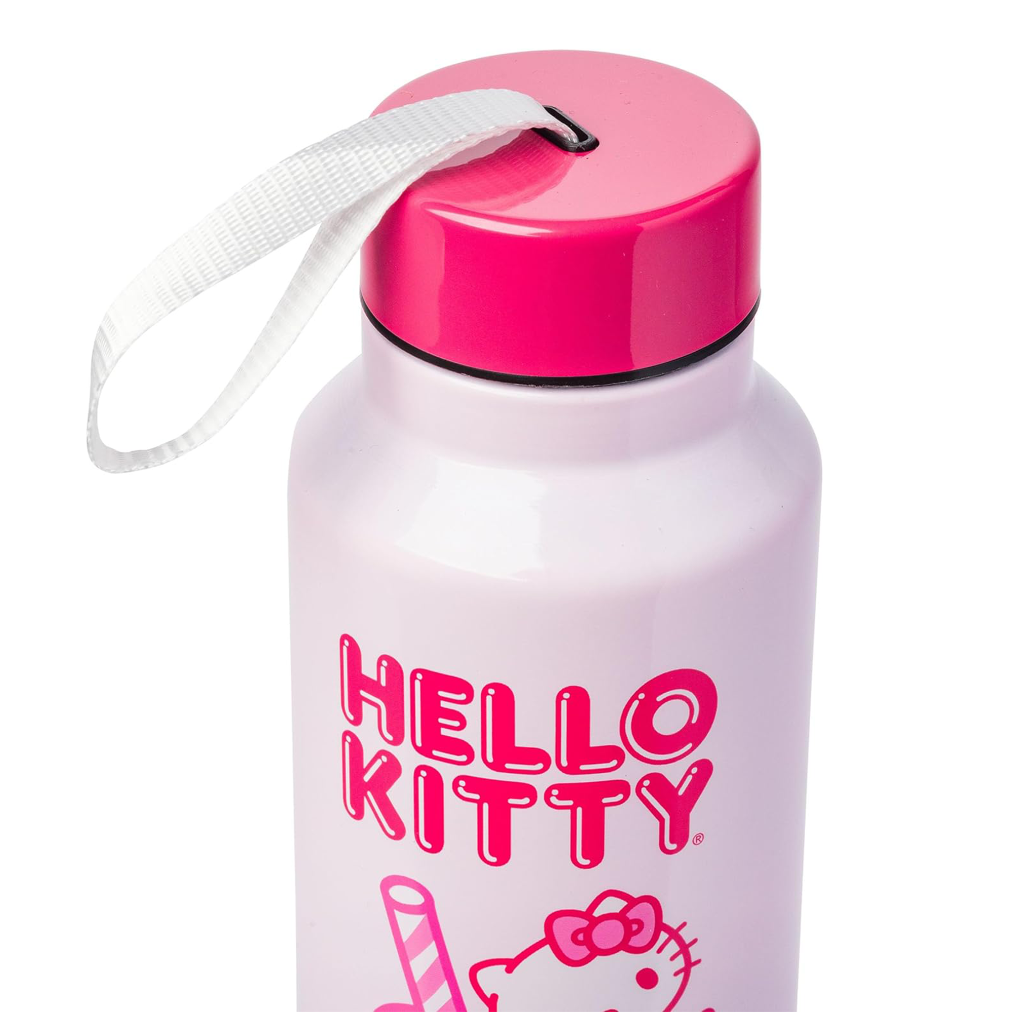 Hello Kitty water bottle on a picnic table with strawberries