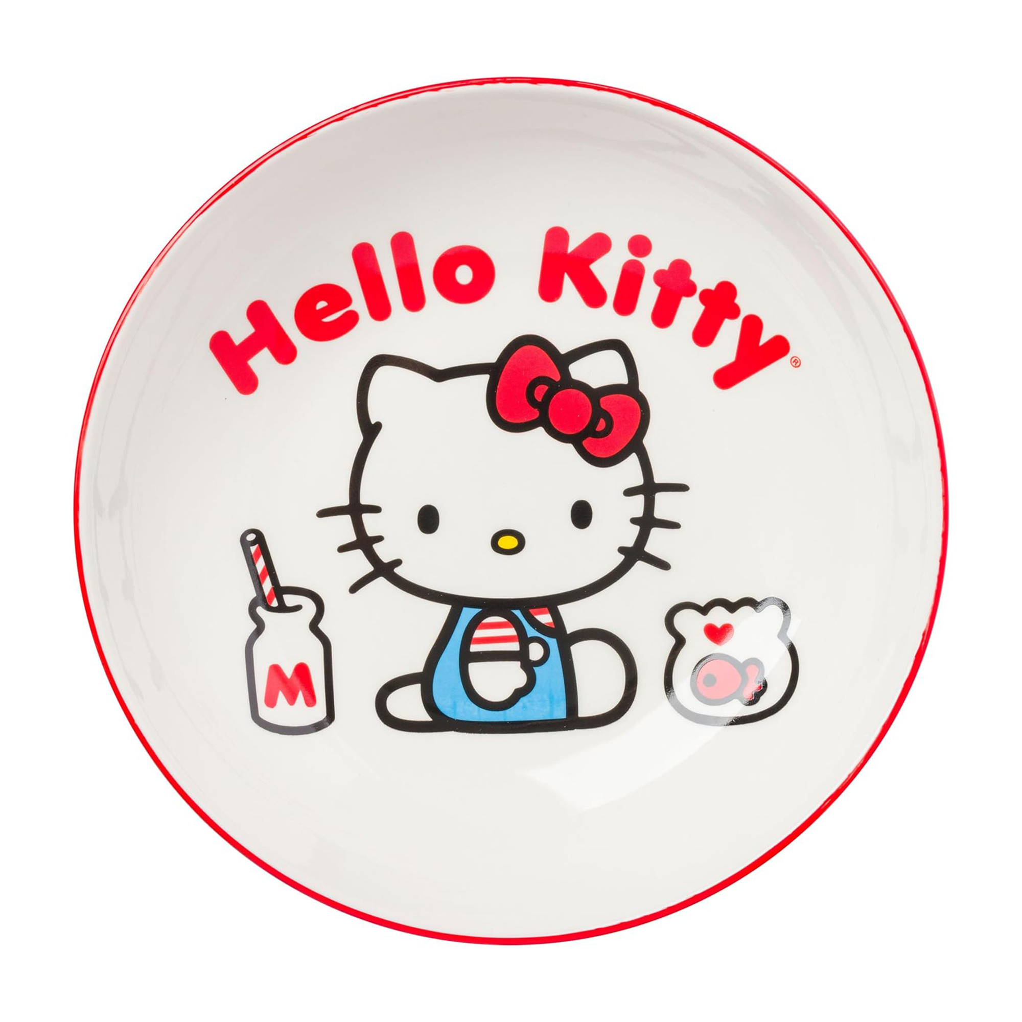 Hello Kitty ceramic bowl on a kitchen table with cereal