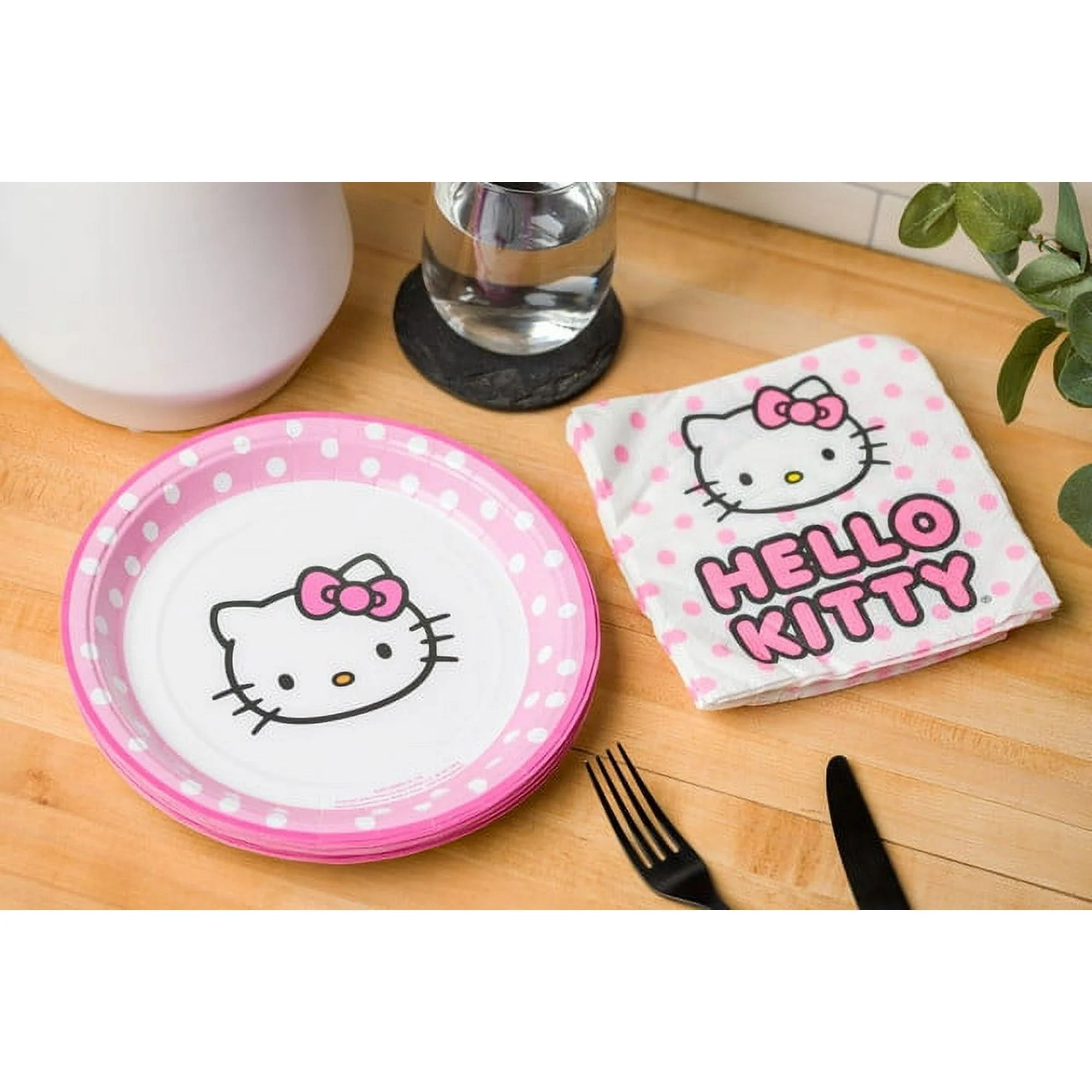 Colorful Hello Kitty themed disposable plates and napkins