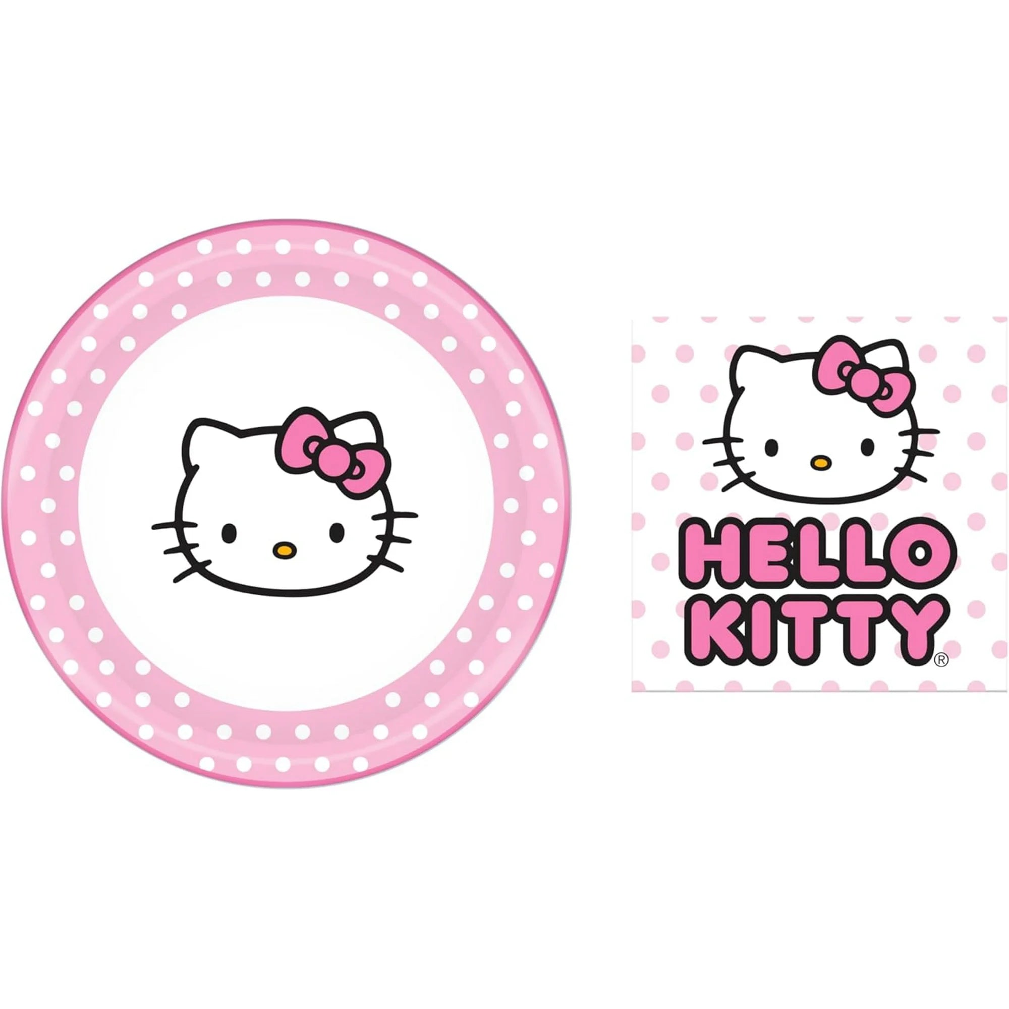 Colorful Hello Kitty themed disposable plates and napkins