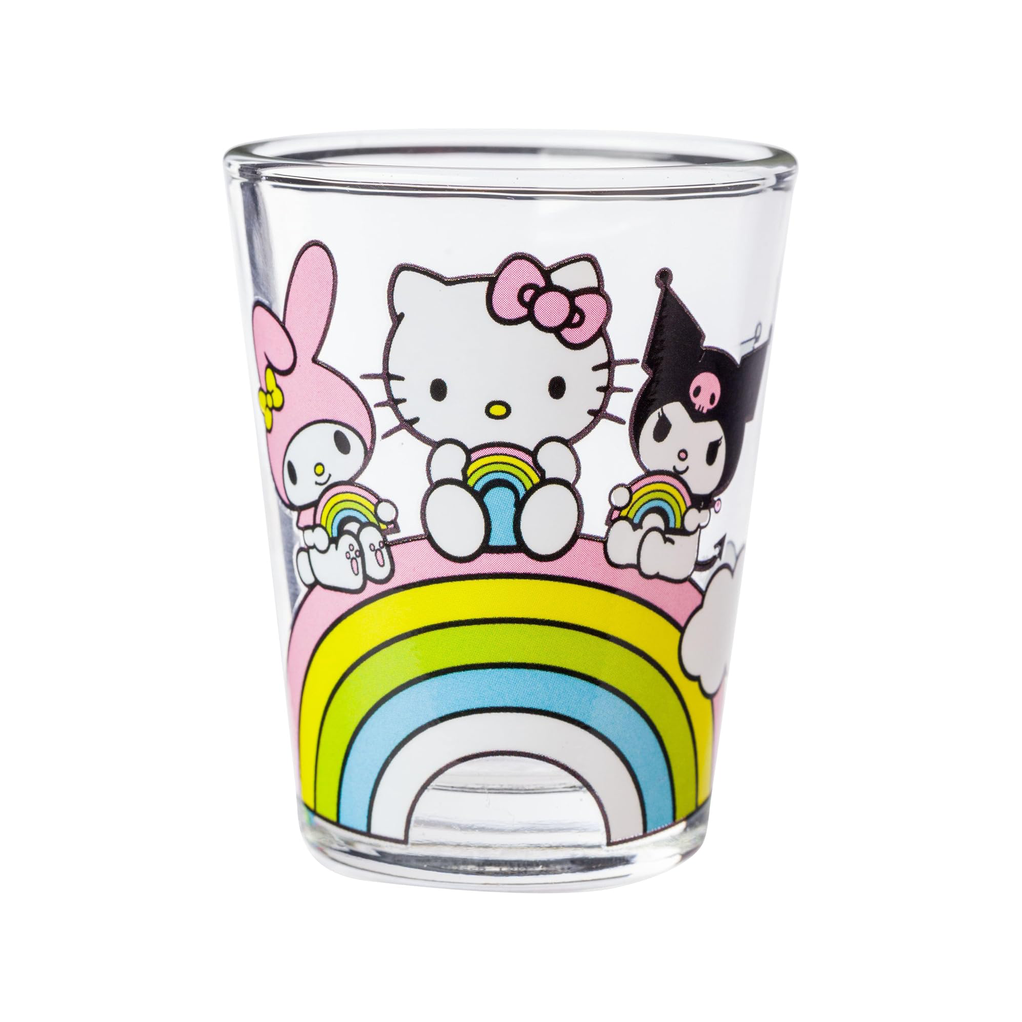 Close-up showing rainbow details on each juice drinking glass