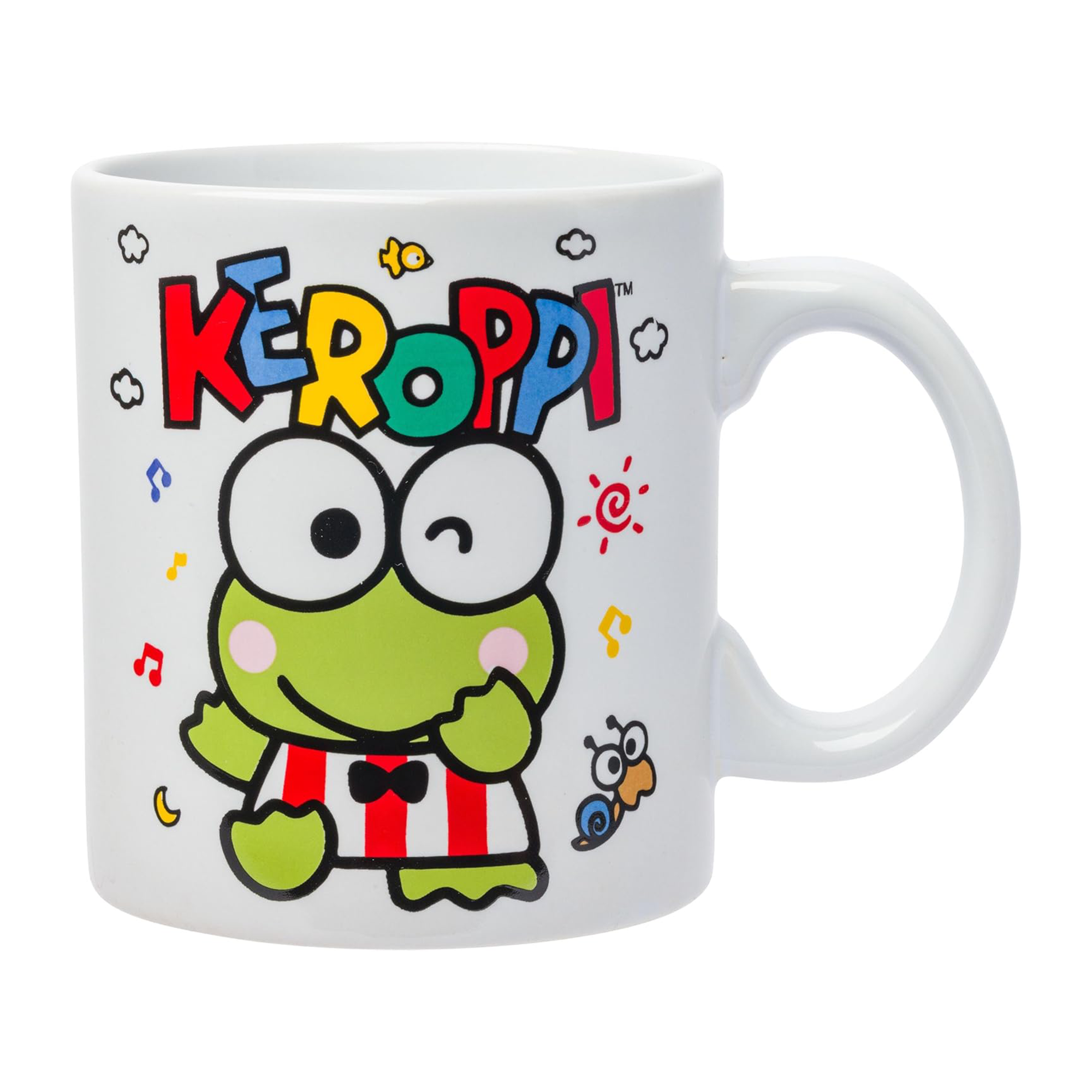 Keroppi ceramic mug with a winking design, filled with coffee
