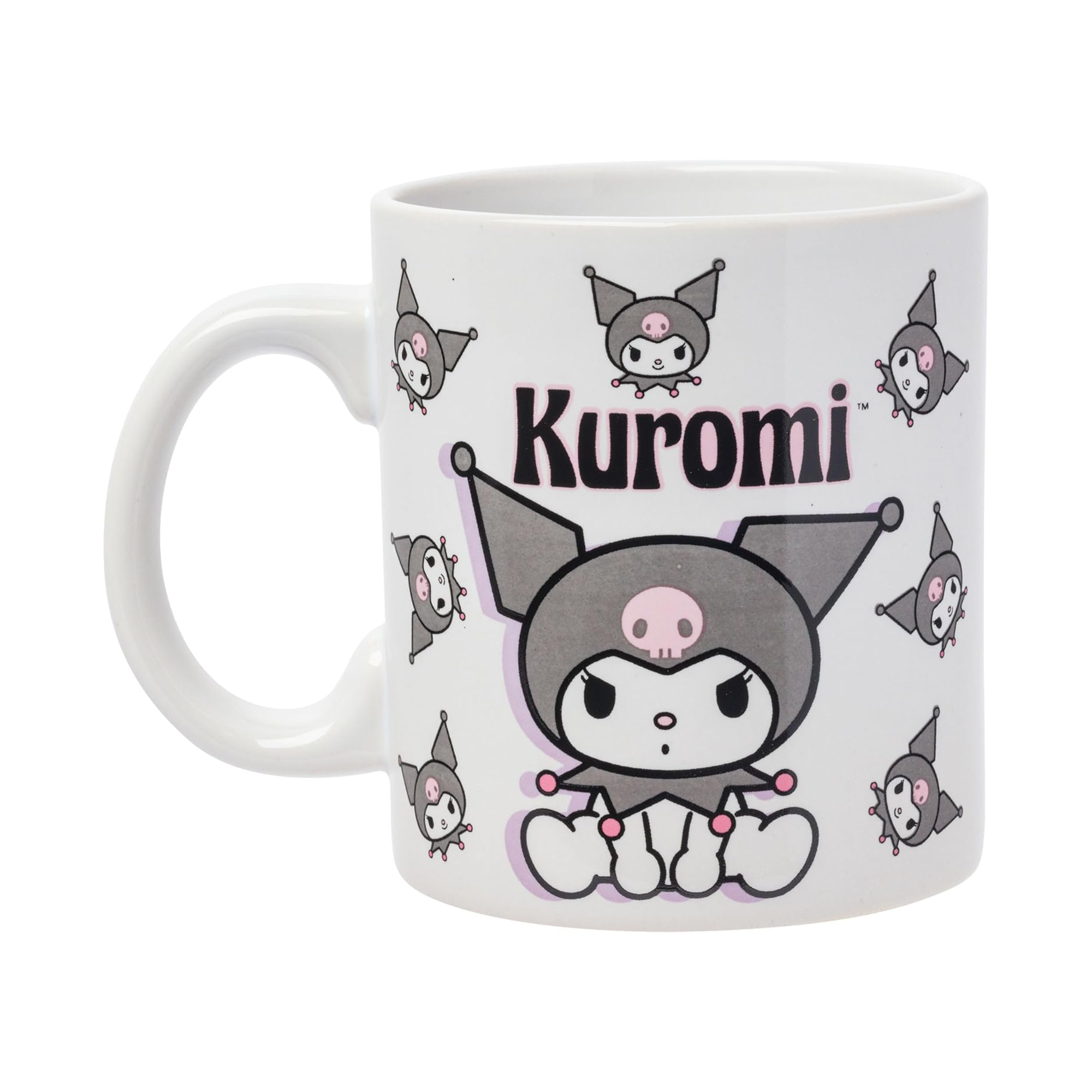 Front view of Kuromi all-over print ceramic mug with lid on a desk