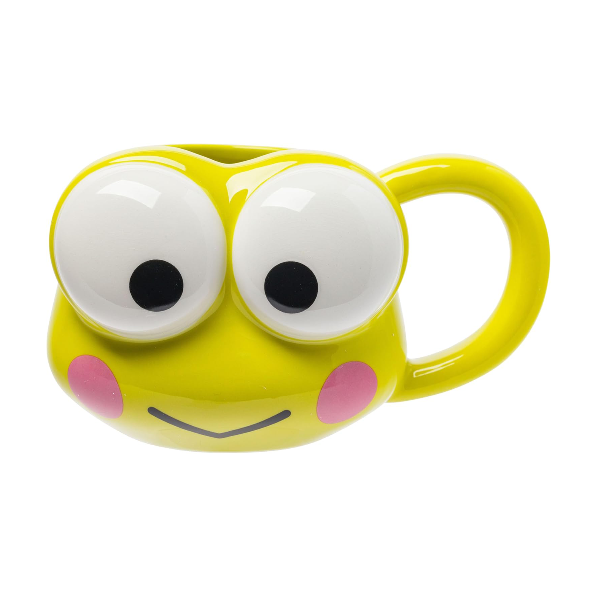 Front view of Keroppi mug showing sculpted face and glossy ceramic finish