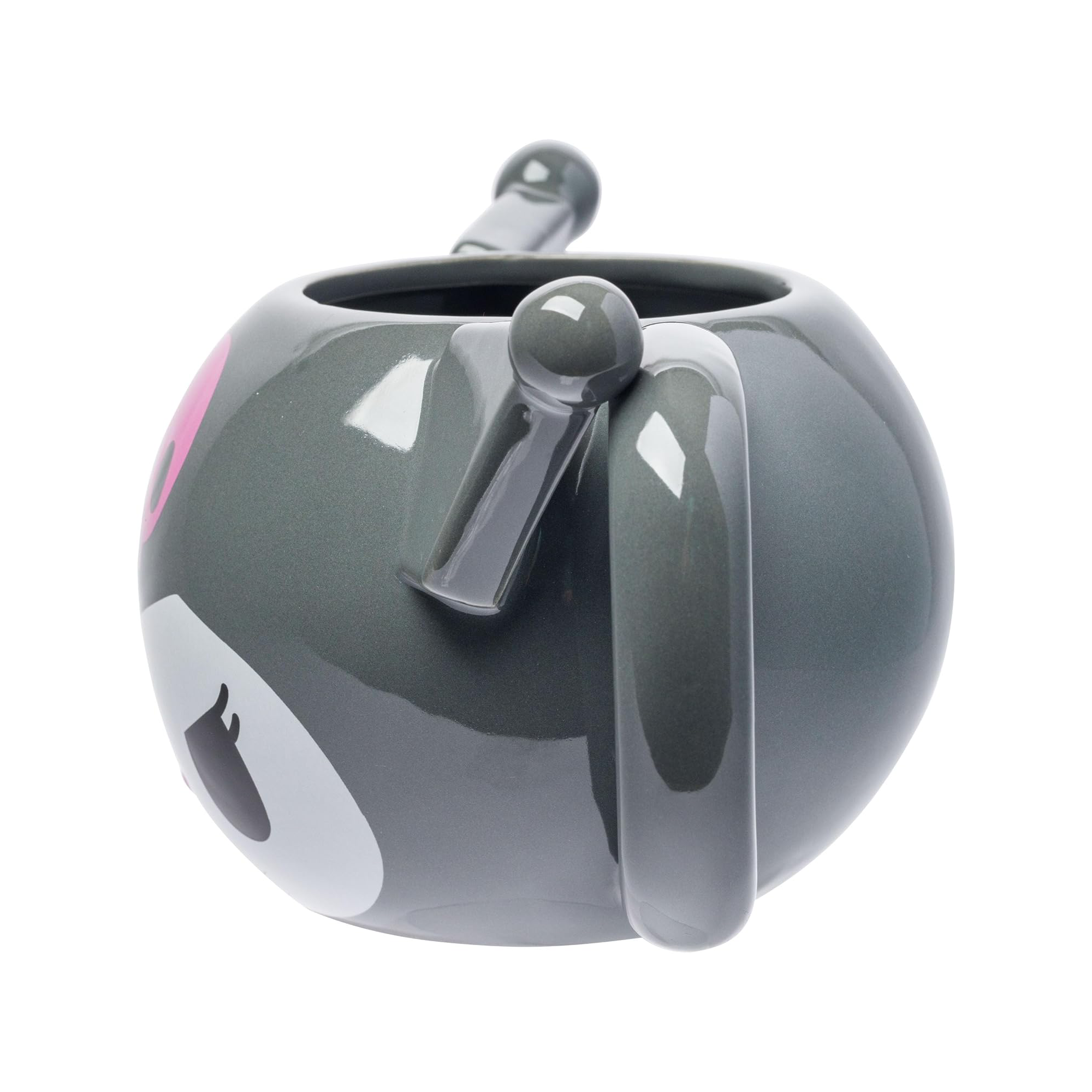 Side view of the gray Kuromi coffee mug filled with hot cocoa.