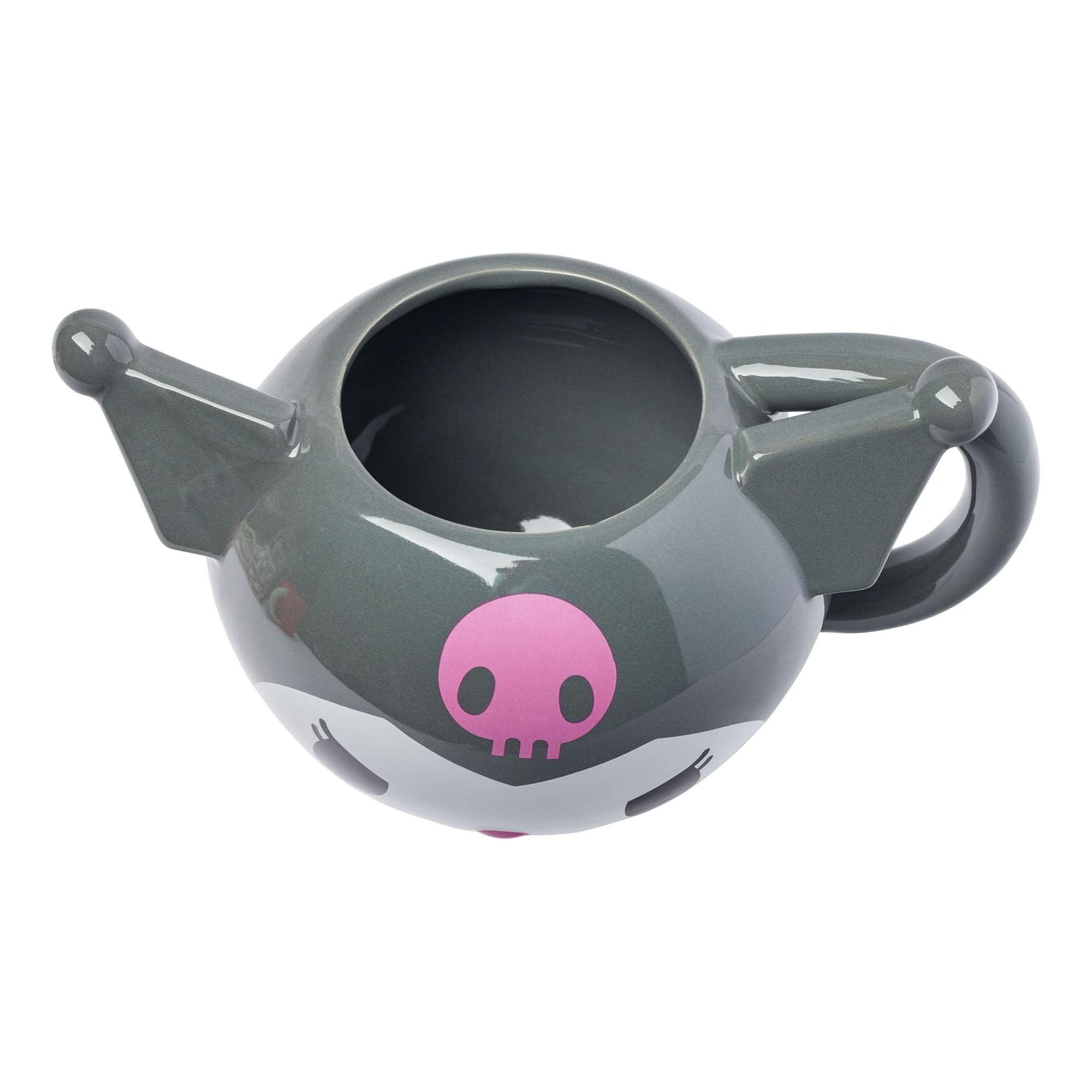 Kuromi ceramic mug on a desk, holding colorful markers.