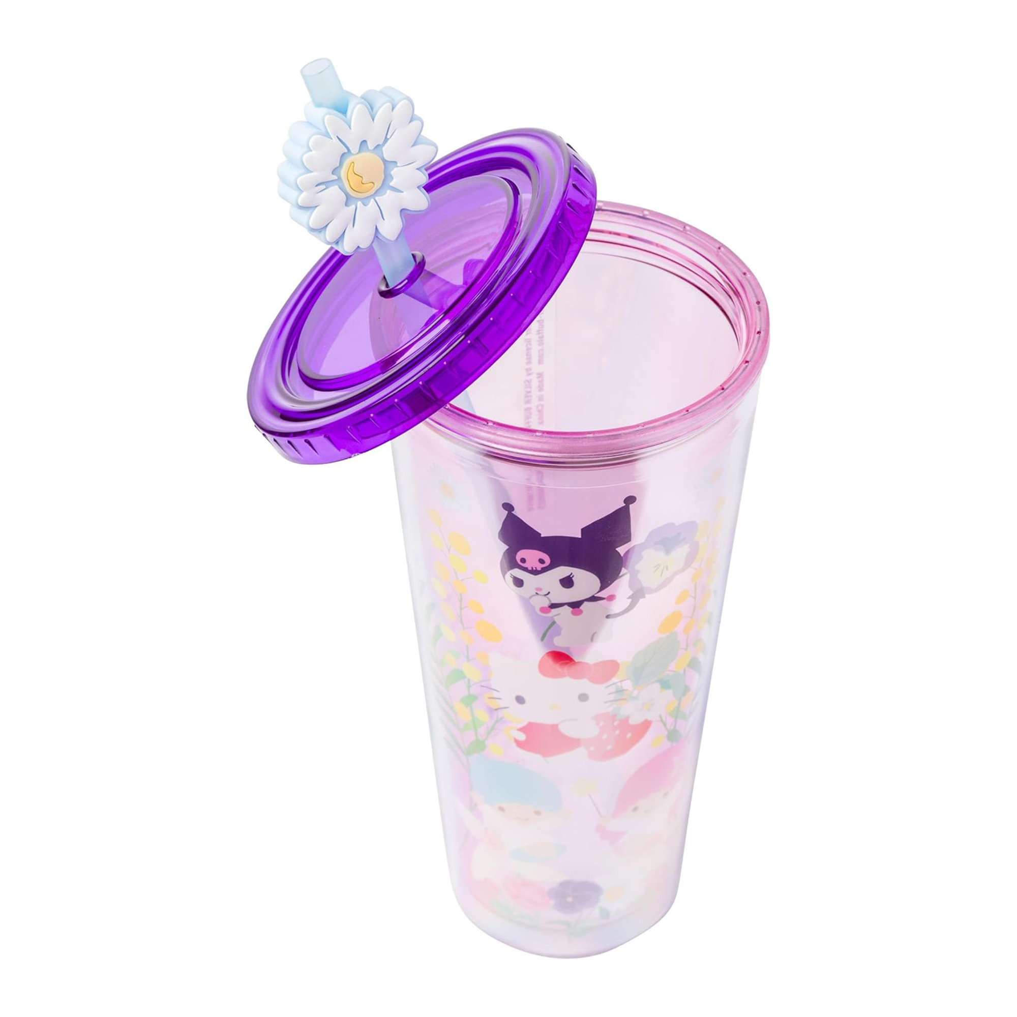 Hello Kitty character tumbler in use at a picnic with a bright background.