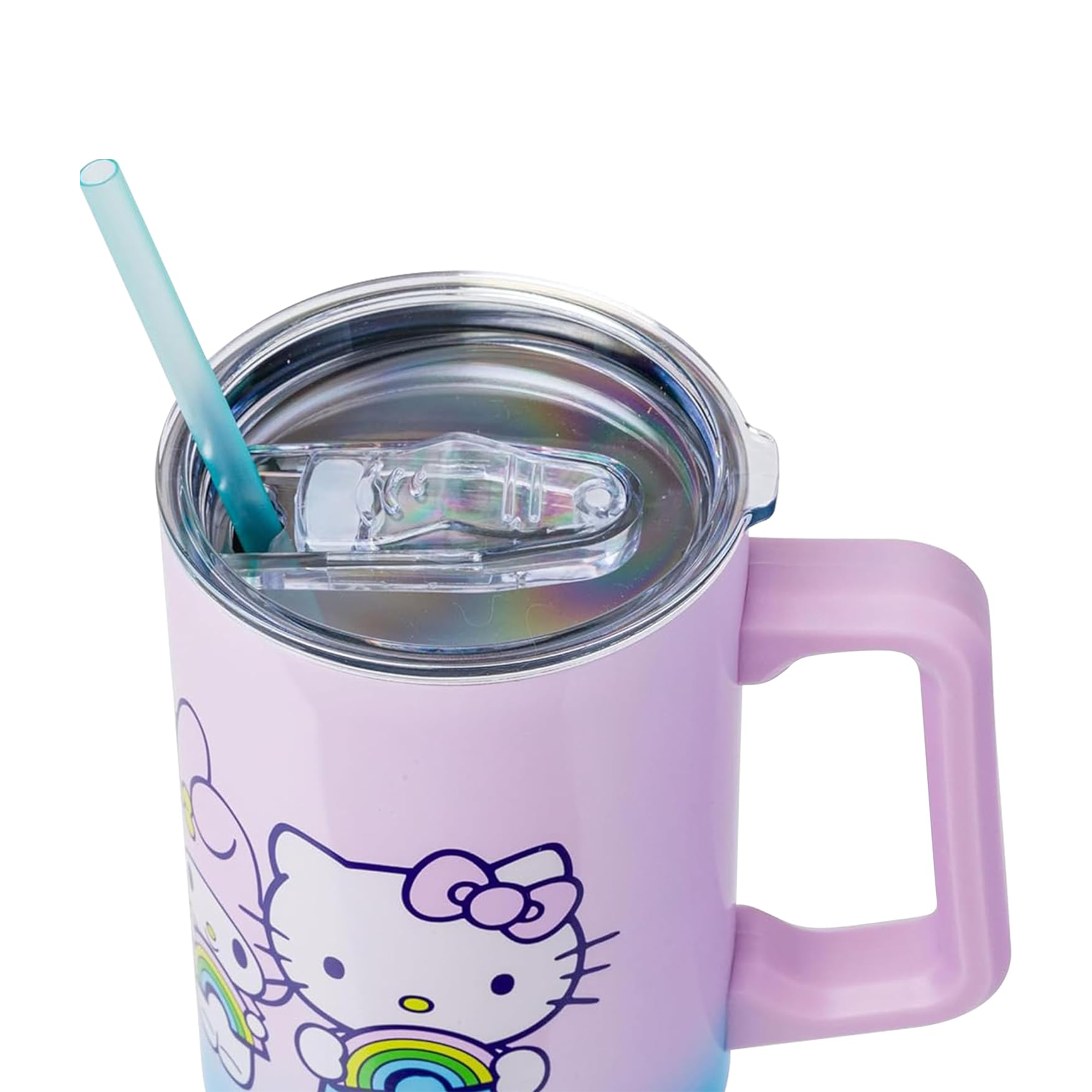 Close-up of the vibrant rainbow Hello Kitty design on the tumbler