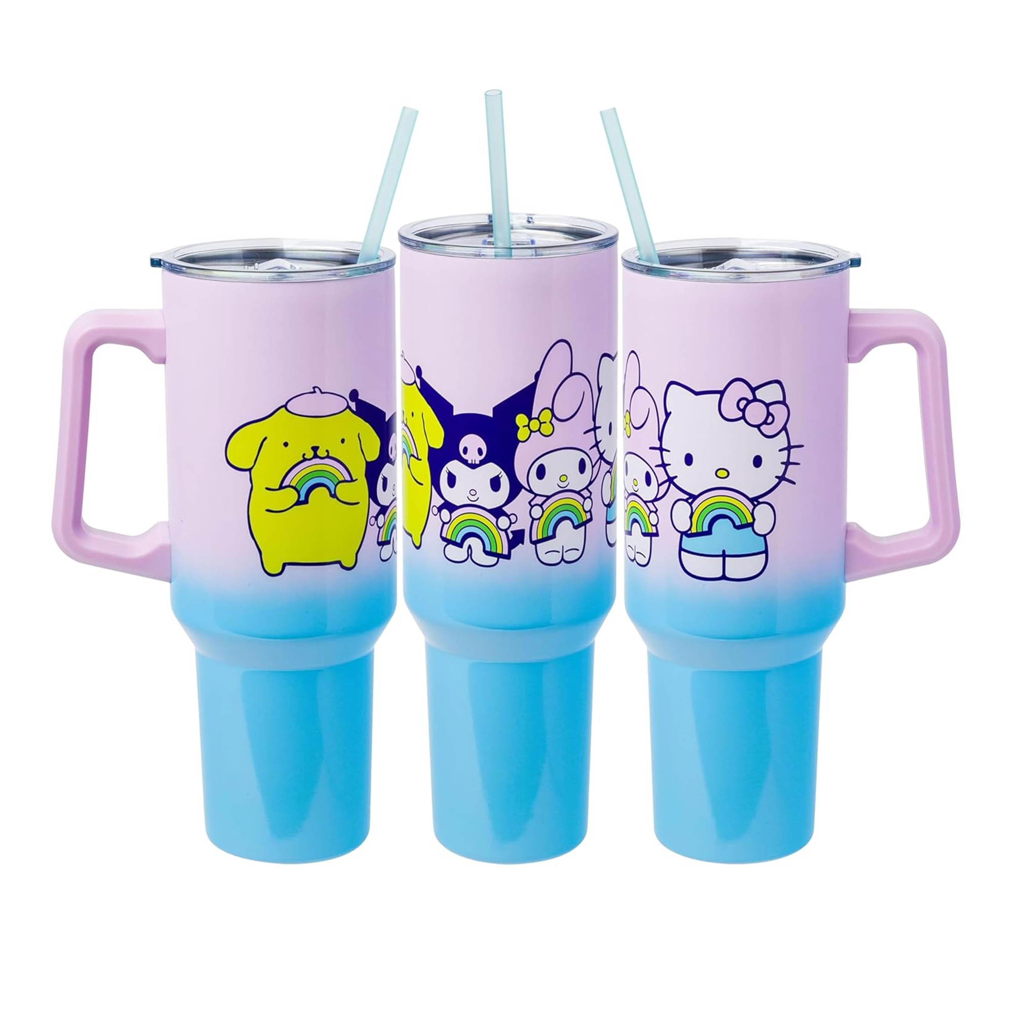 Close-up of the vibrant rainbow Hello Kitty design on the tumbler