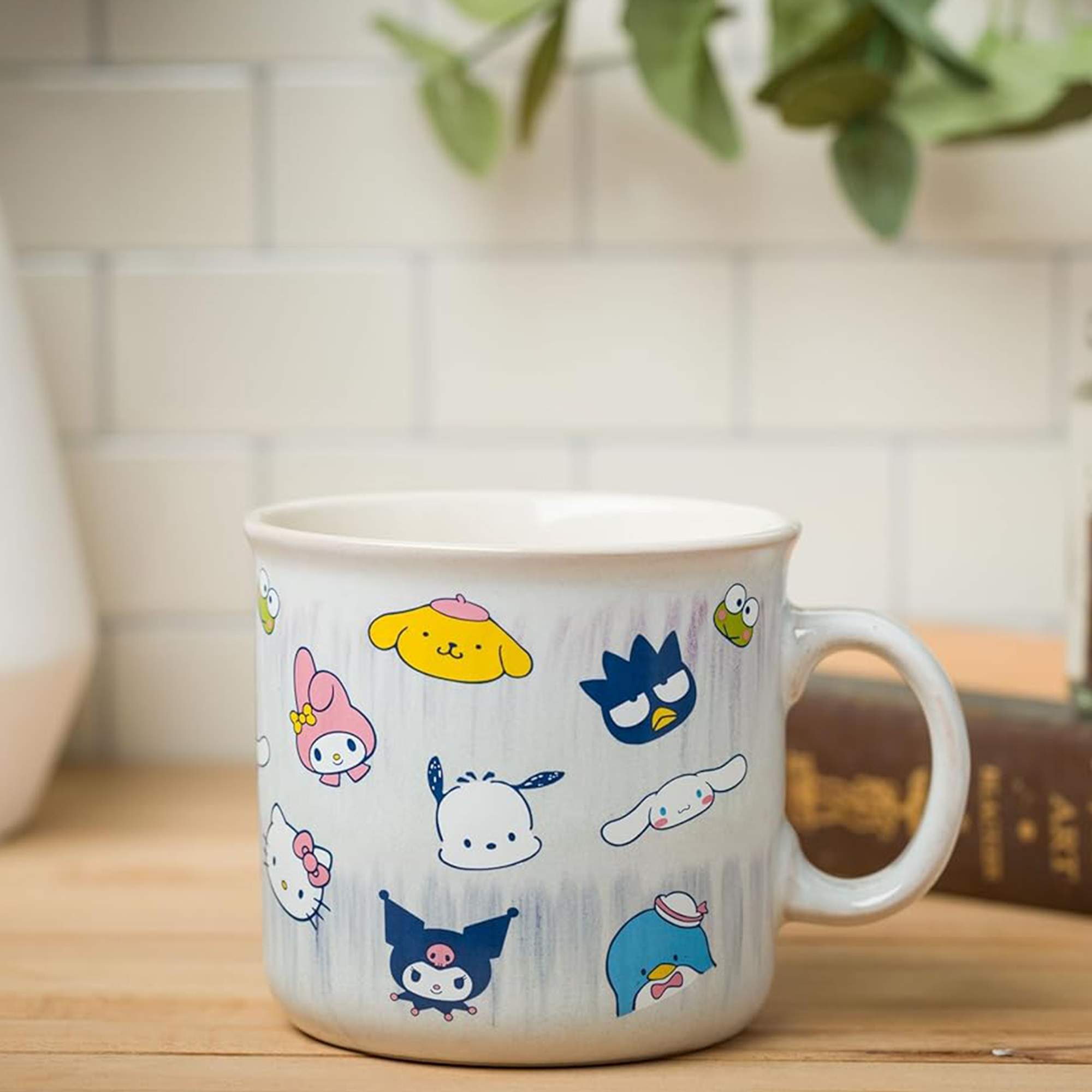 Close-up of the Sanrio characters print on the cute coffee cup