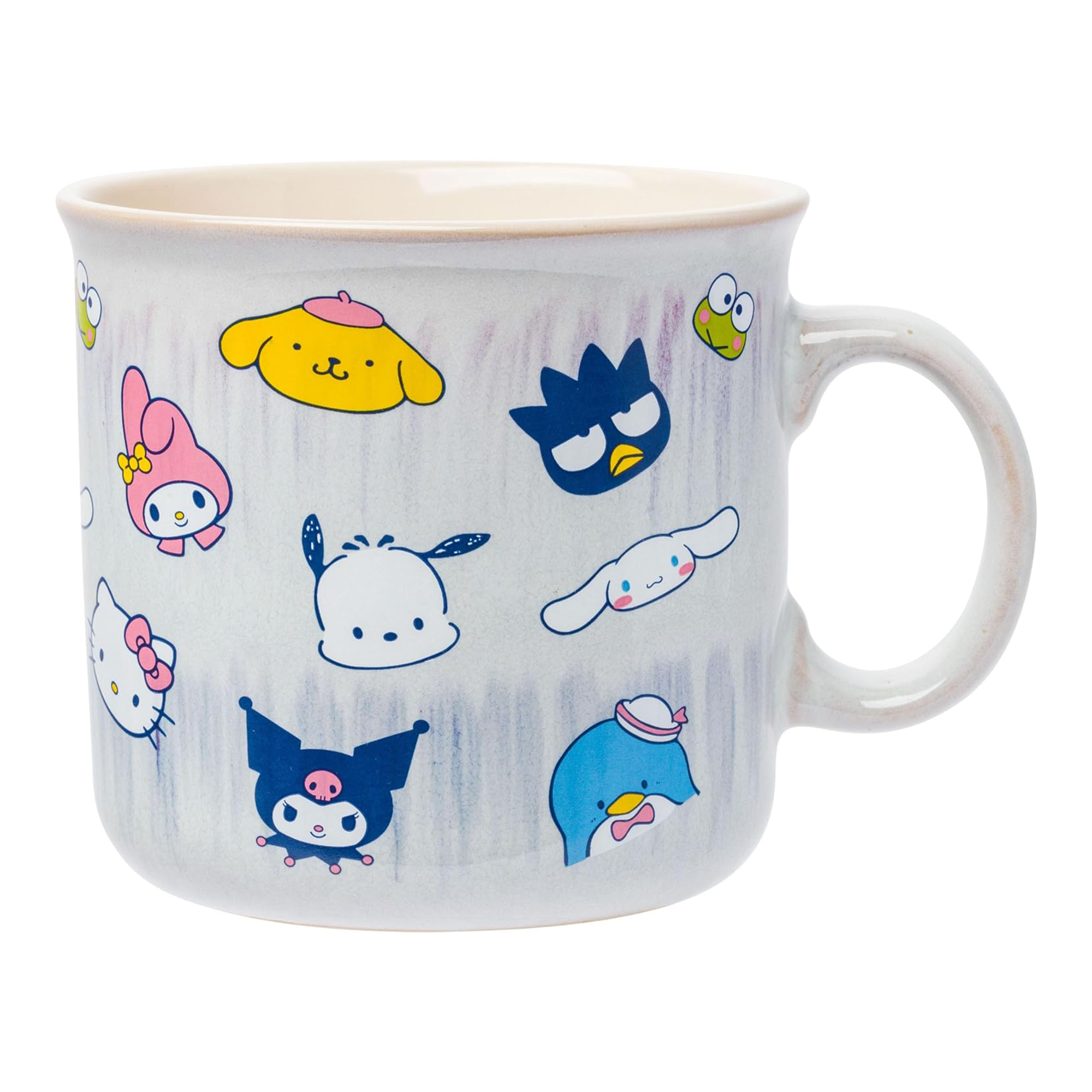Front view of the Hello Kitty and Friends ceramic mug with glazed faces design