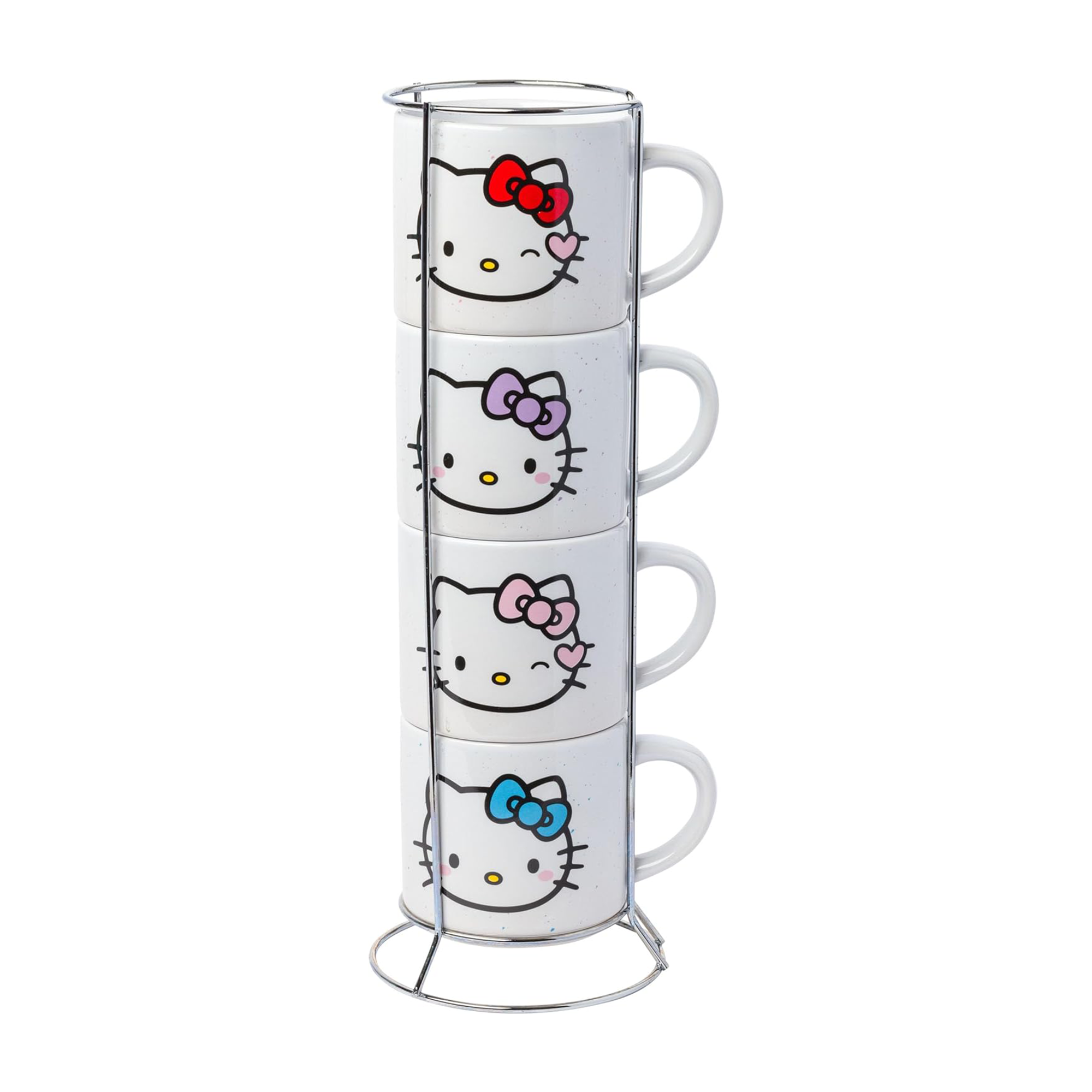 Hello Kitty ceramic mugs stacked on a metal rack