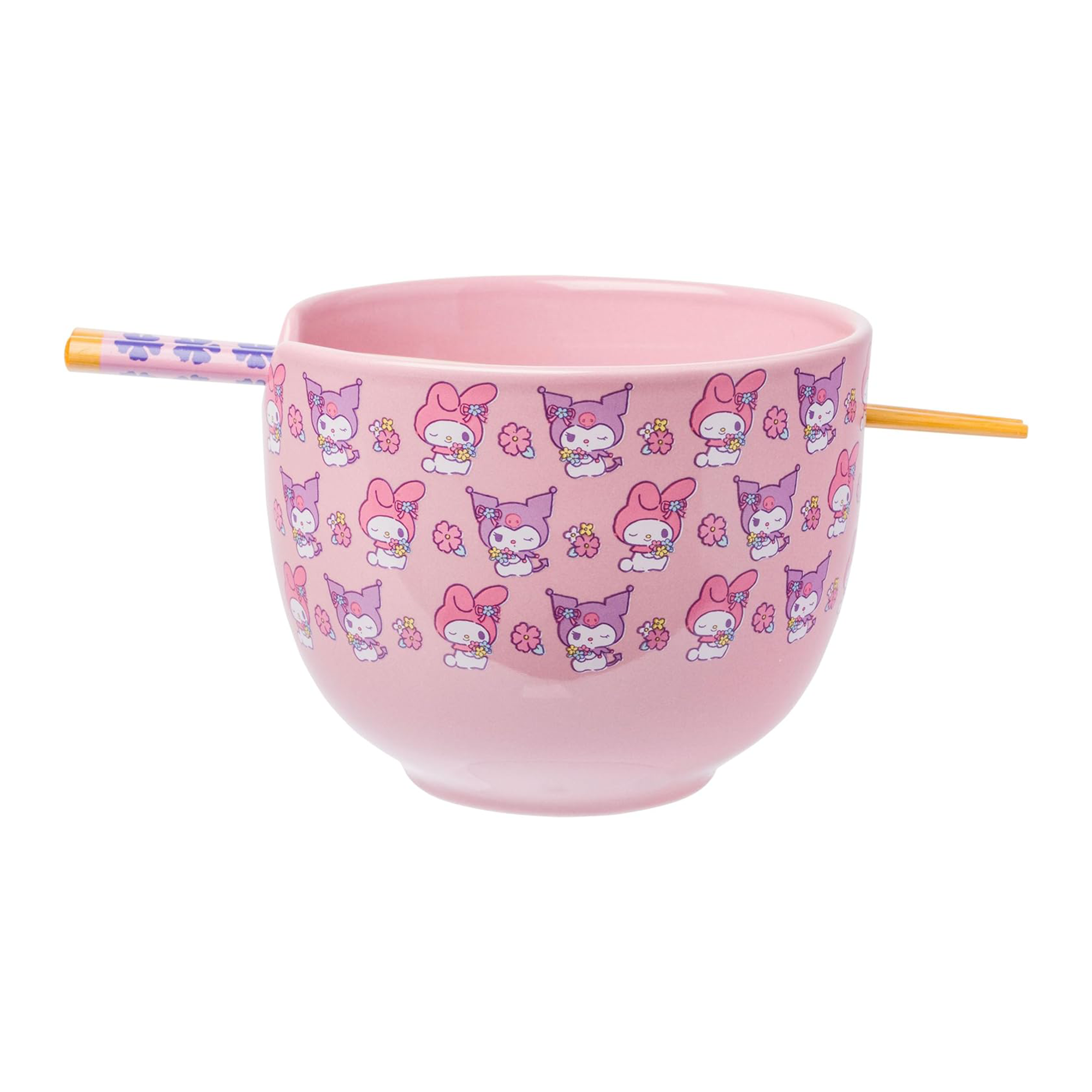 Top view of ceramic bowl with floral My Melody & Kuromi design and chopstick set