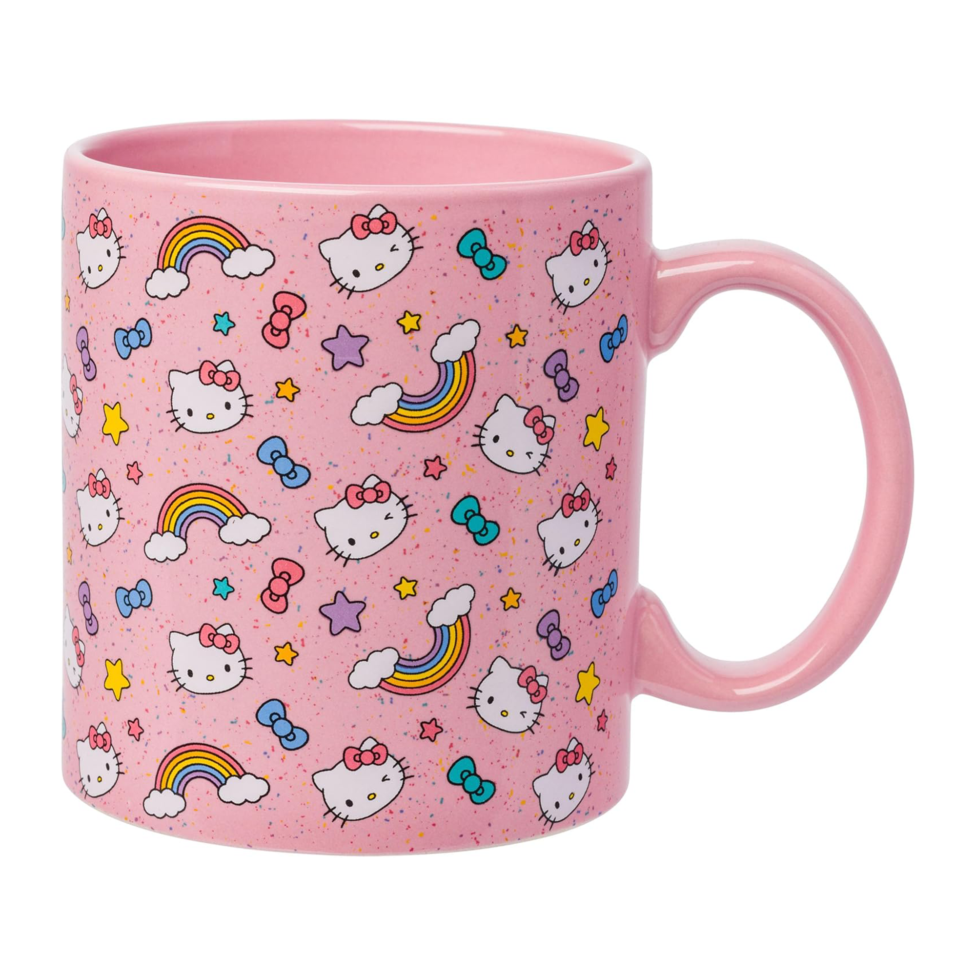 Close-up of Hello Kitty ceramic mug with rainbow and star design, hand-painted style
