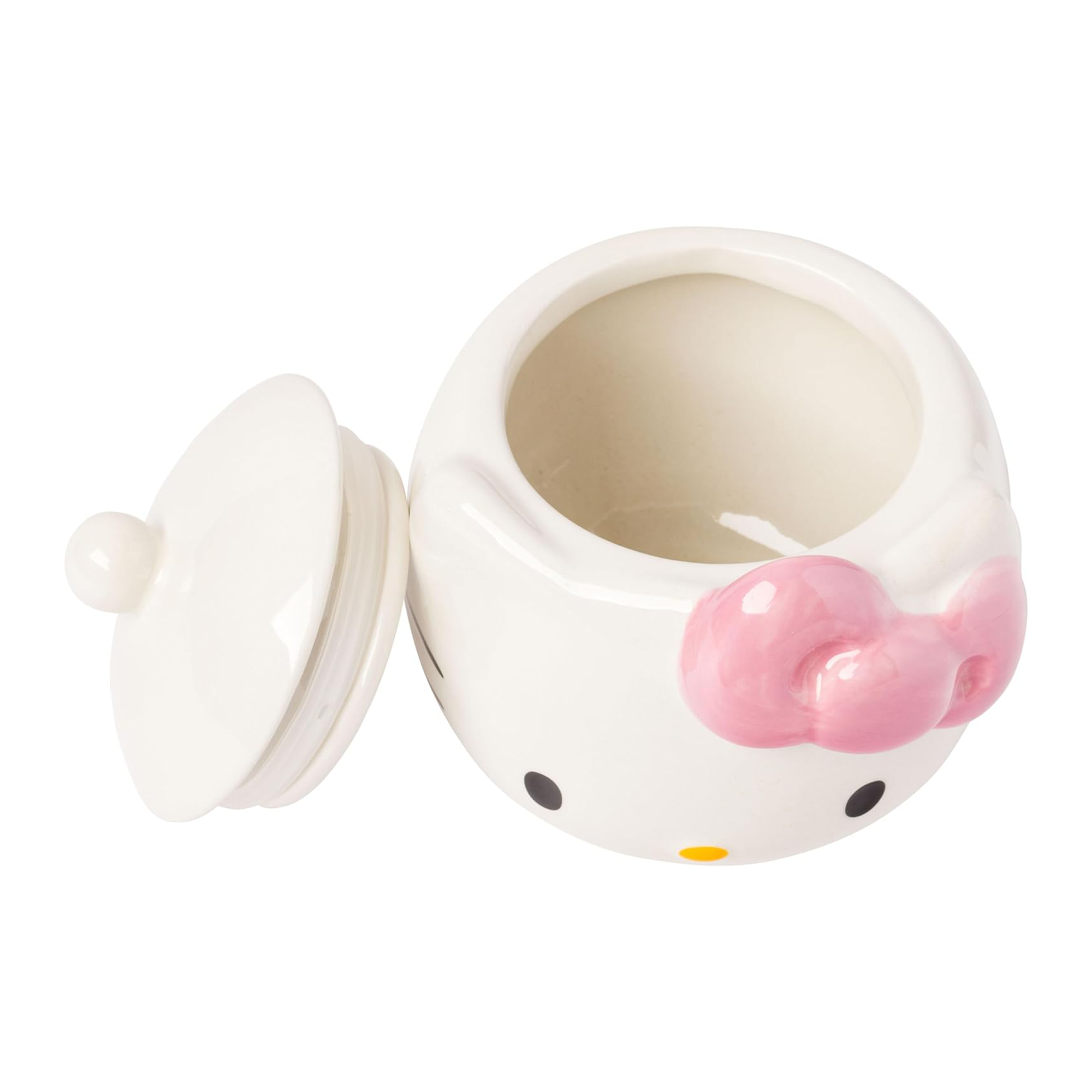 Close-up of Hello Kittys face on the ceramic storage jar, showcasing its adorable button nose.