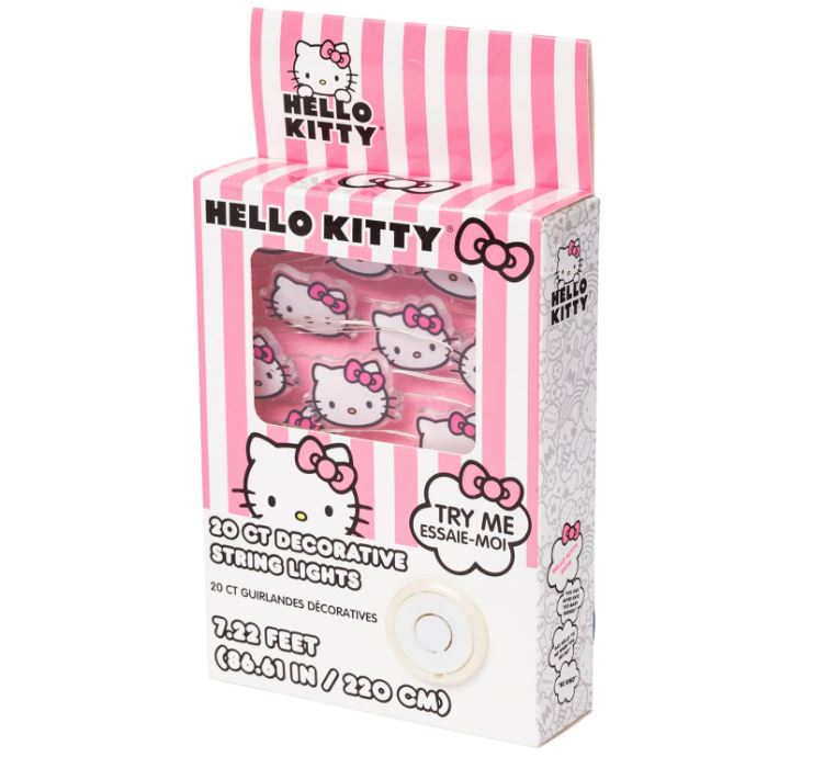 Hello Kitty string lights showing the iconic face design in a cozy indoor setting.