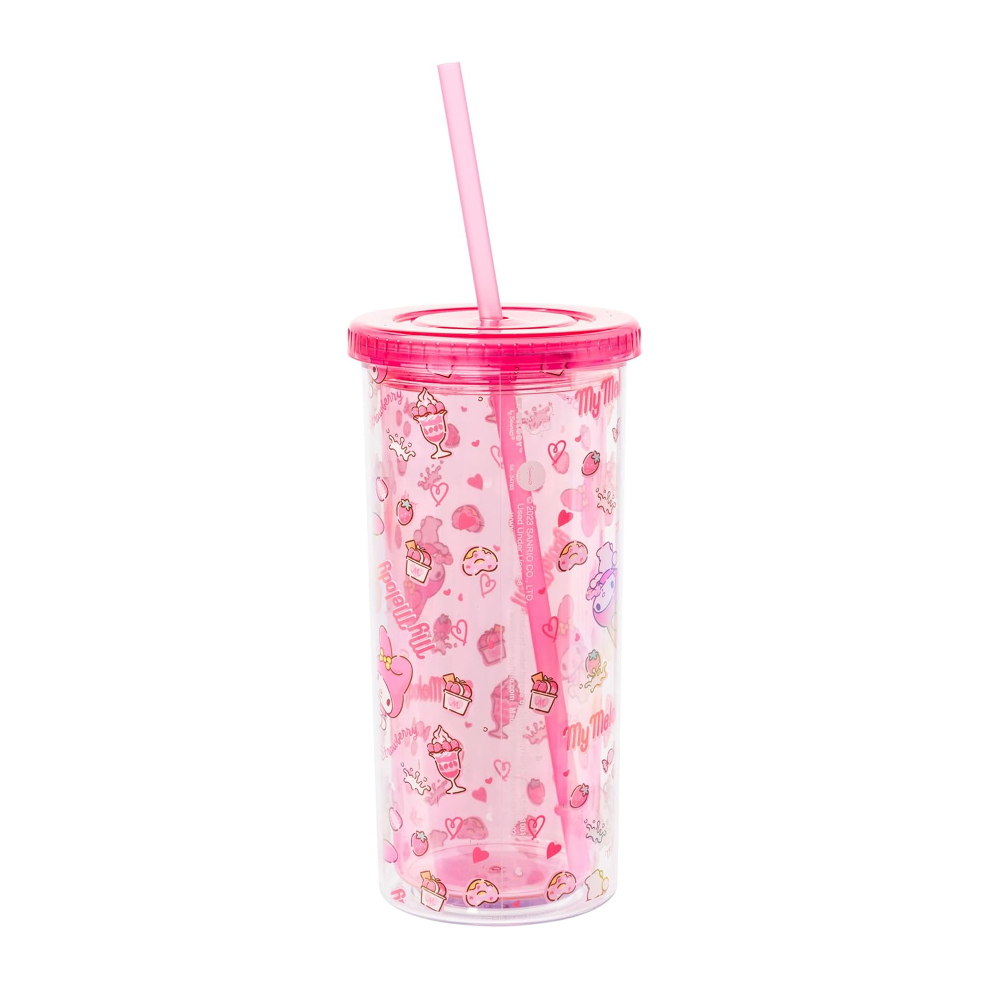 Close-up of My Melody 20oz tumbler featuring a strawberry pattern