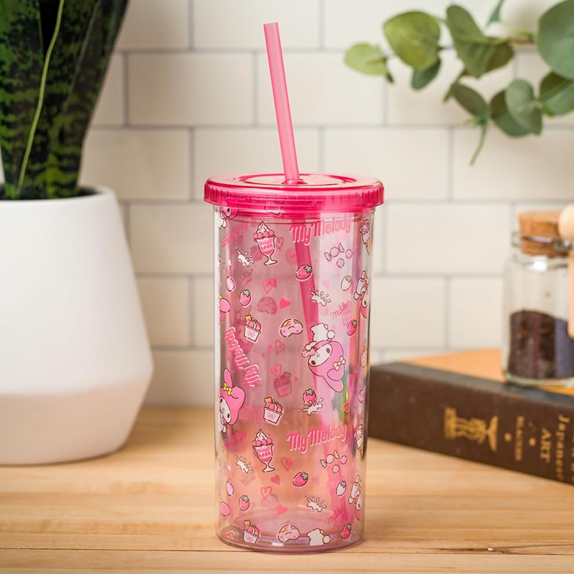 My Melody travel tumbler with secure lid and straw for beverages