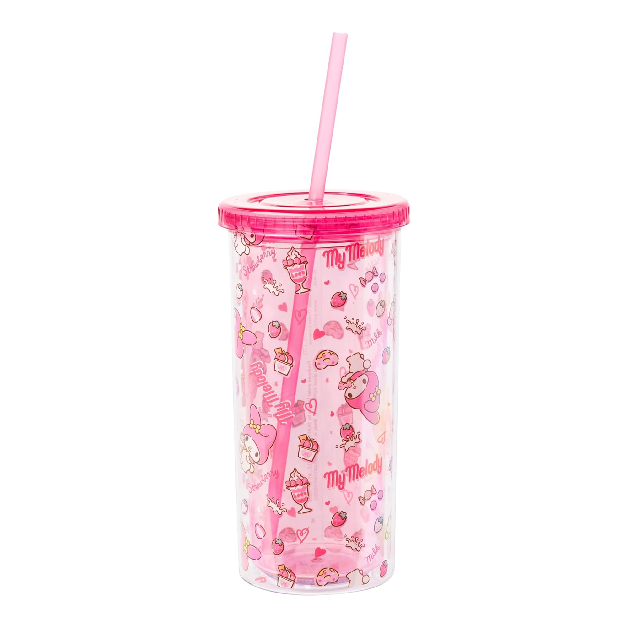 Close-up of My Melody 20oz tumbler featuring a strawberry pattern